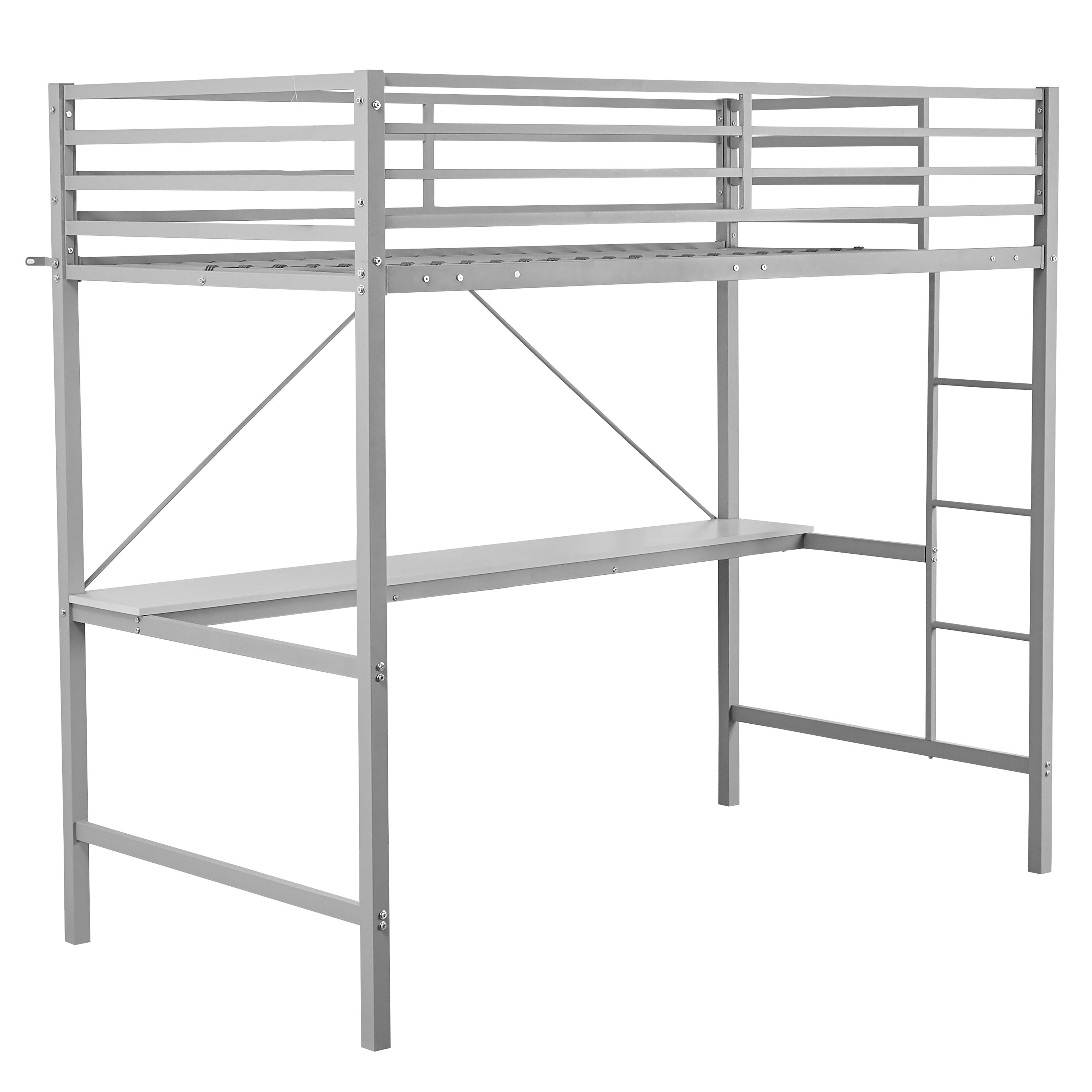 Jake Loft Bed Frame with Desk, Twin Size Metal Bed Frame with Protective Guard Rails & Ladder for Kids, Teens and Adults - Gray