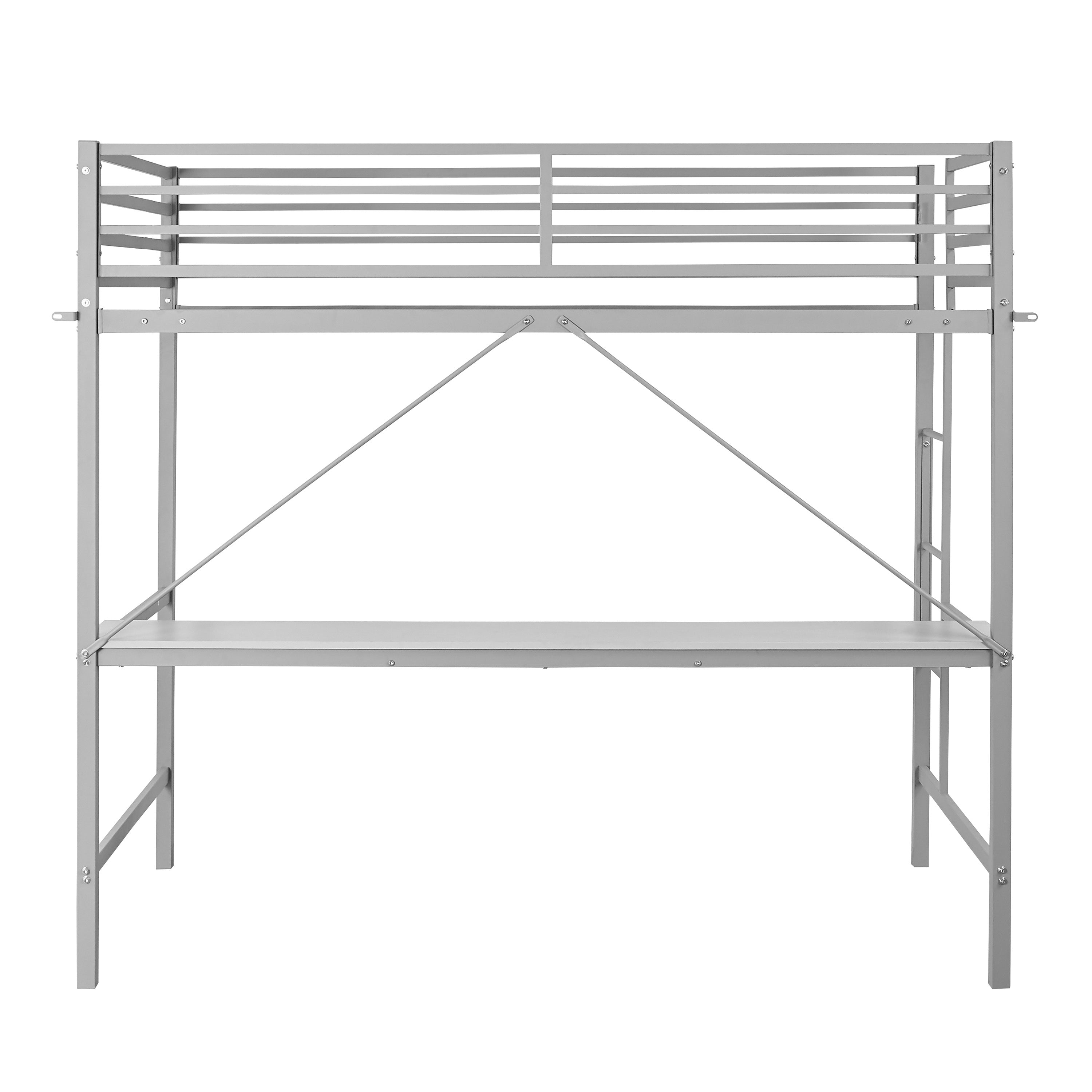Jake Loft Bed Frame with Desk, Twin Size Metal Bed Frame with Protective Guard Rails & Ladder for Kids, Teens and Adults - Gray