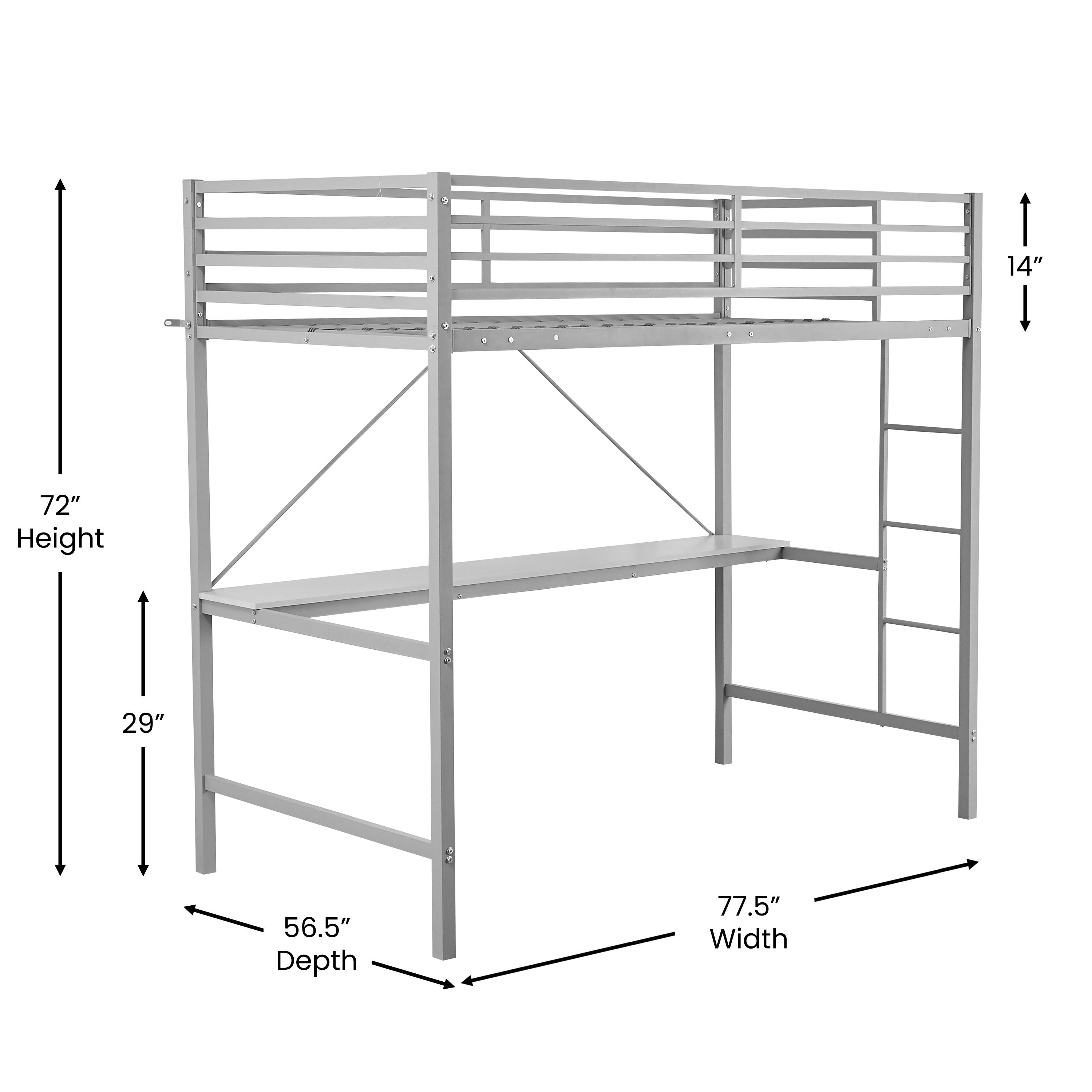 Jake Loft Bed Frame with Desk, Twin Size Metal Bed Frame with Protective Guard Rails & Ladder for Kids, Teens and Adults - Gray
