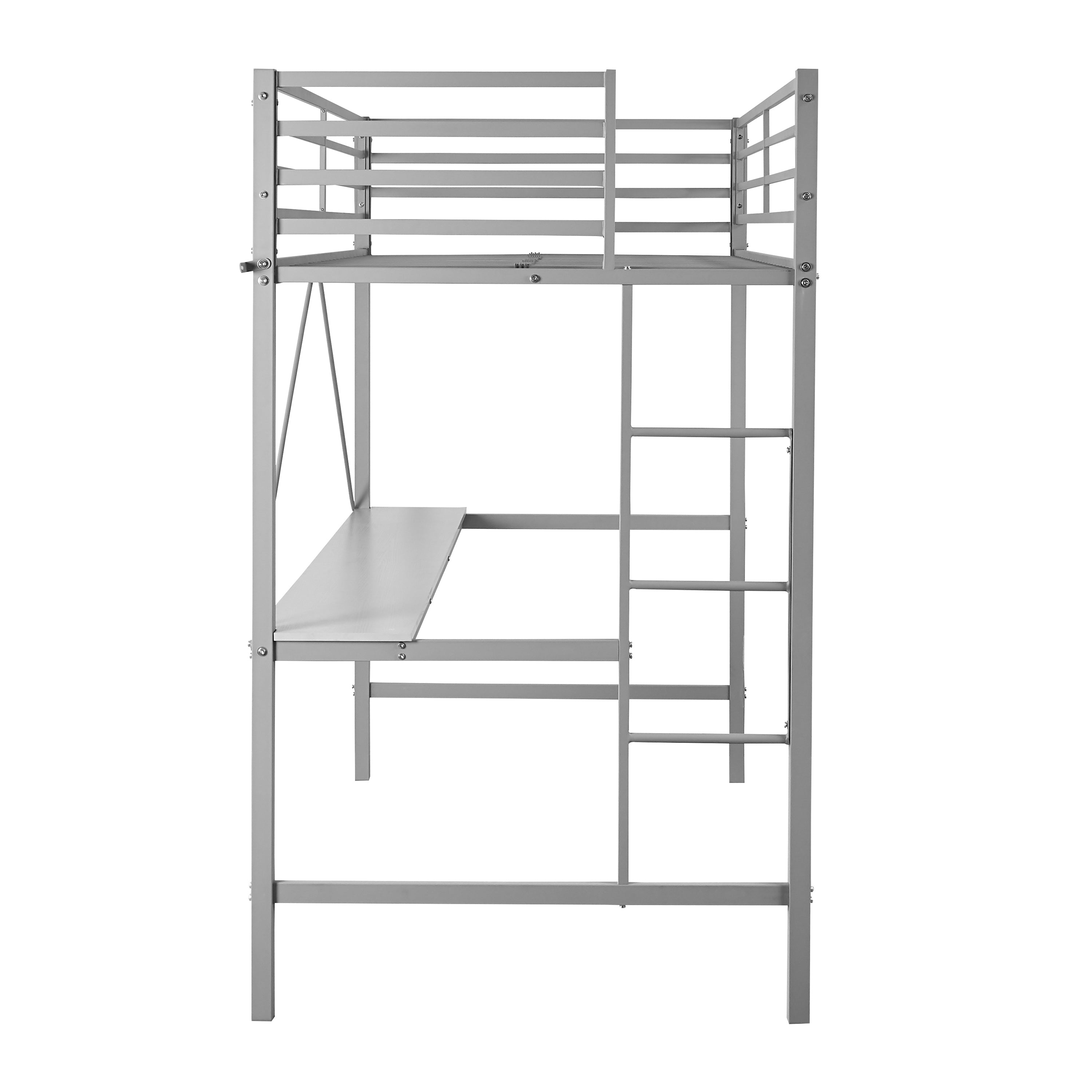 Jake Loft Bed Frame with Desk, Twin Size Metal Bed Frame with Protective Guard Rails & Ladder for Kids, Teens and Adults - Gray