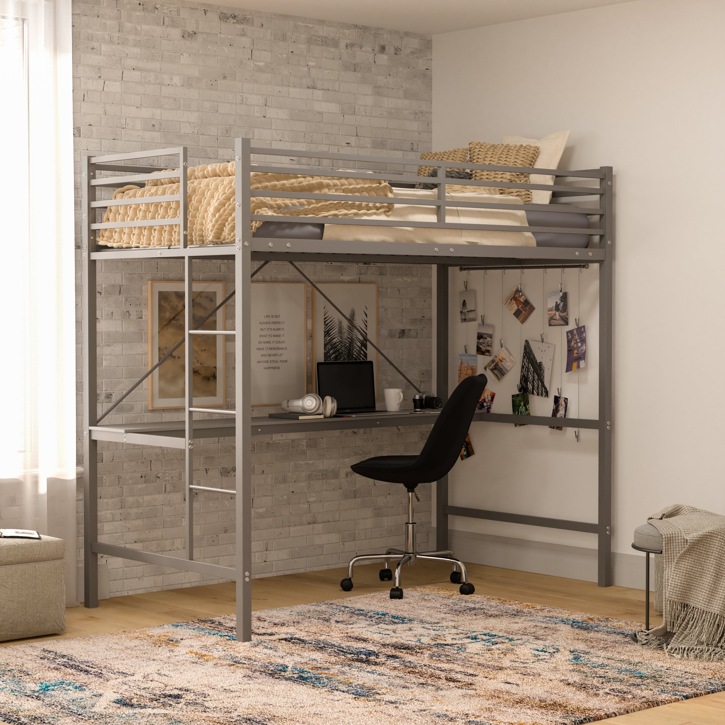 Jake Loft Bed Frame with Desk, Twin Size Metal Bed Frame with Protective Guard Rails & Ladder for Kids, Teens and Adults - Gray