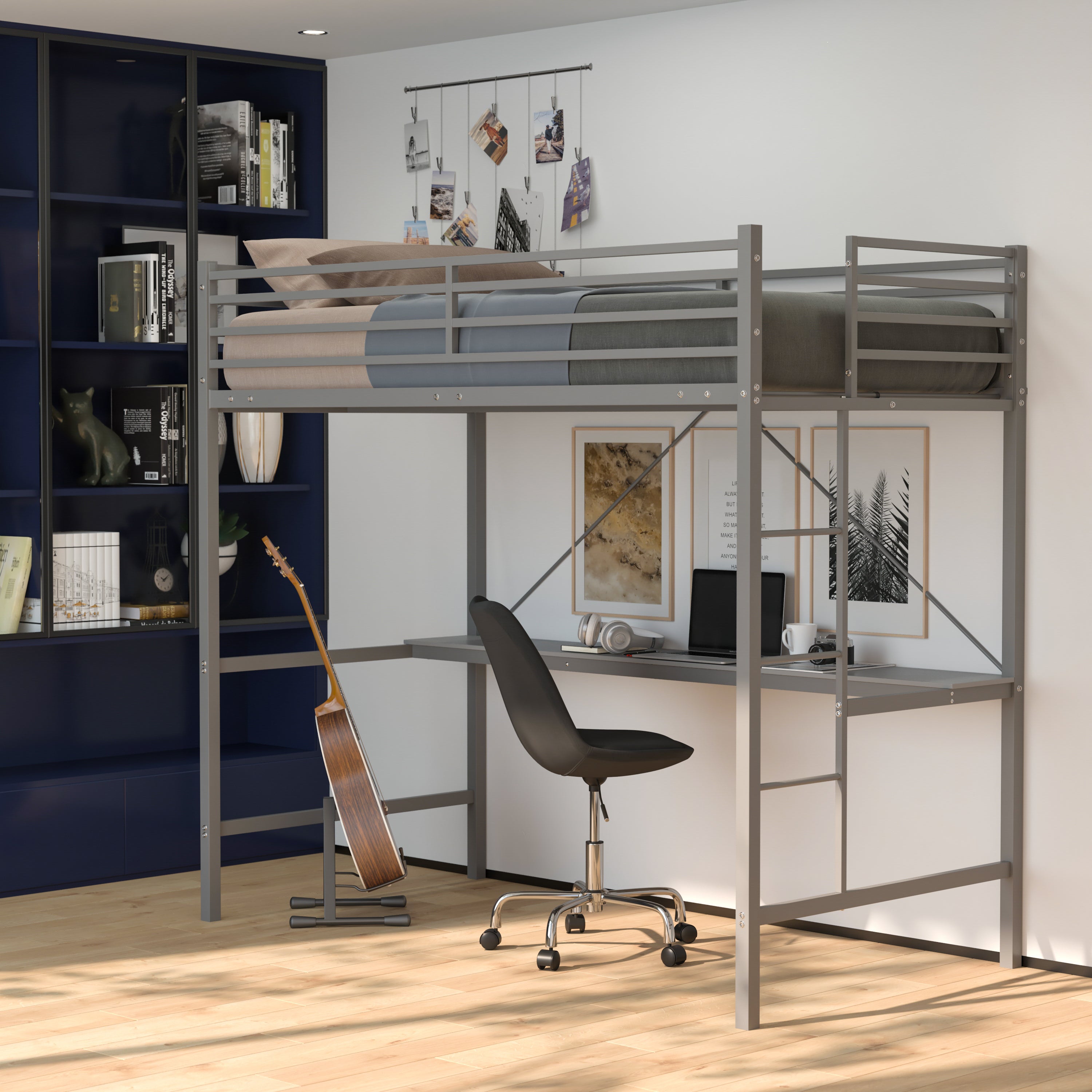 Jake Loft Bed Frame with Desk, Twin Size Metal Bed Frame with Protective Guard Rails & Ladder for Kids, Teens and Adults - Gray