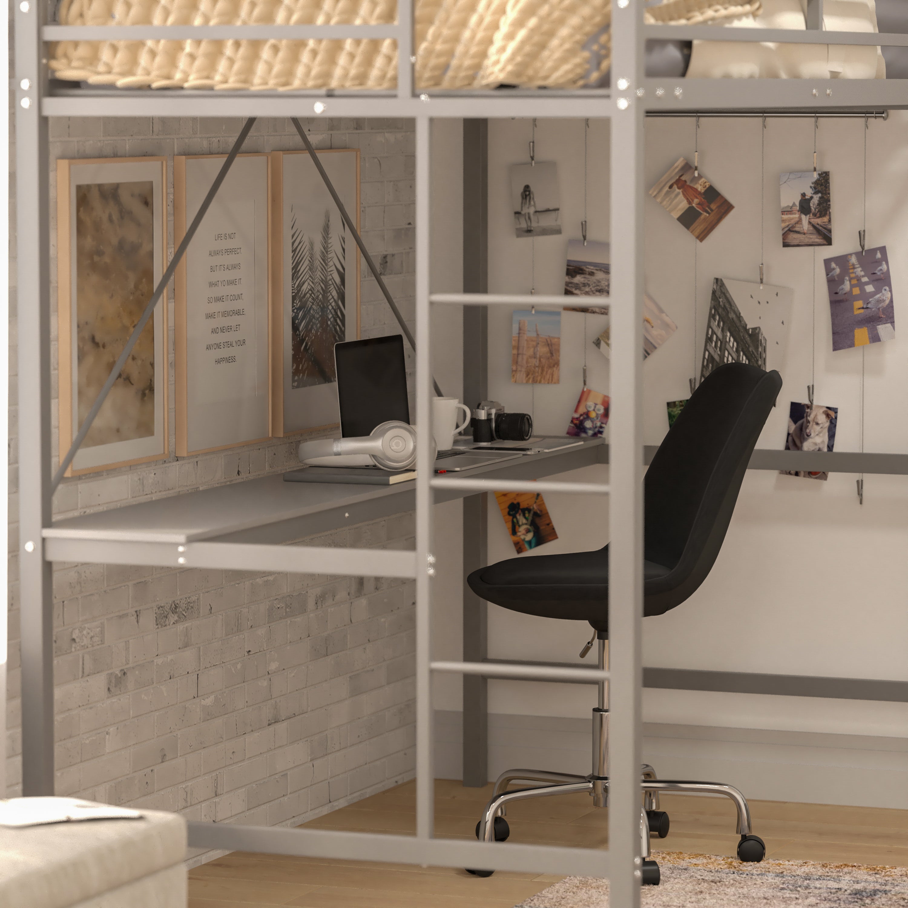 Jake Loft Bed Frame with Desk, Twin Size Metal Bed Frame with Protective Guard Rails & Ladder for Kids, Teens and Adults - Gray