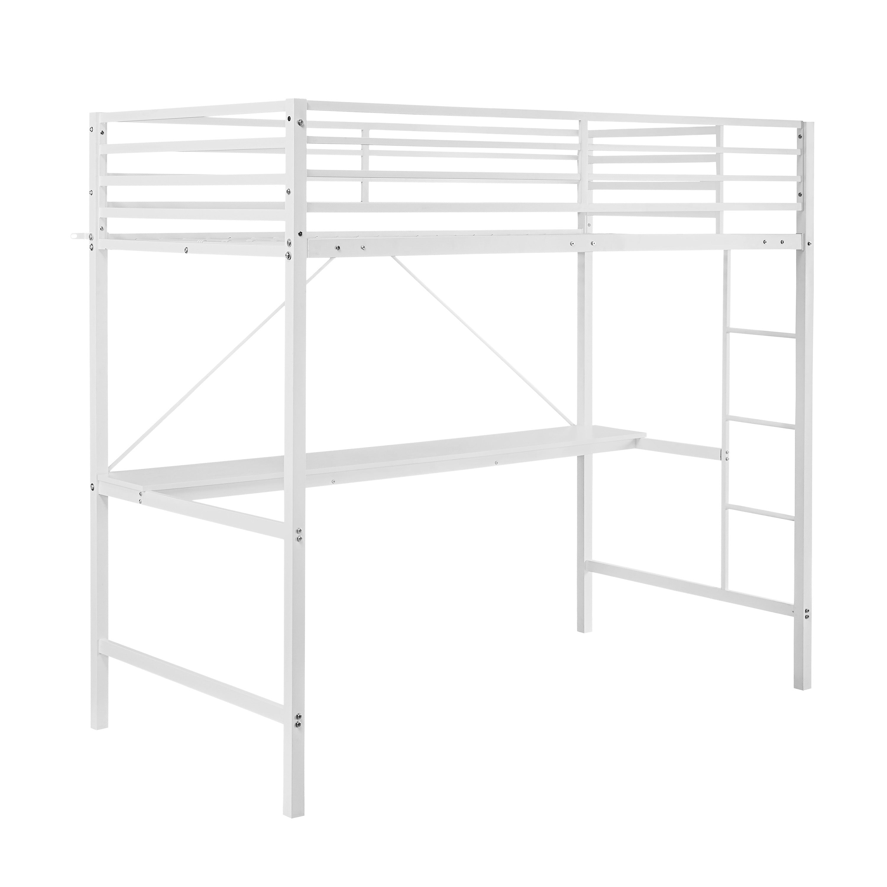 Jake Loft Bed Frame with Desk, Twin Size Metal Bed Frame with Protective Guard Rails & Ladder for Kids, Teens and Adults - White