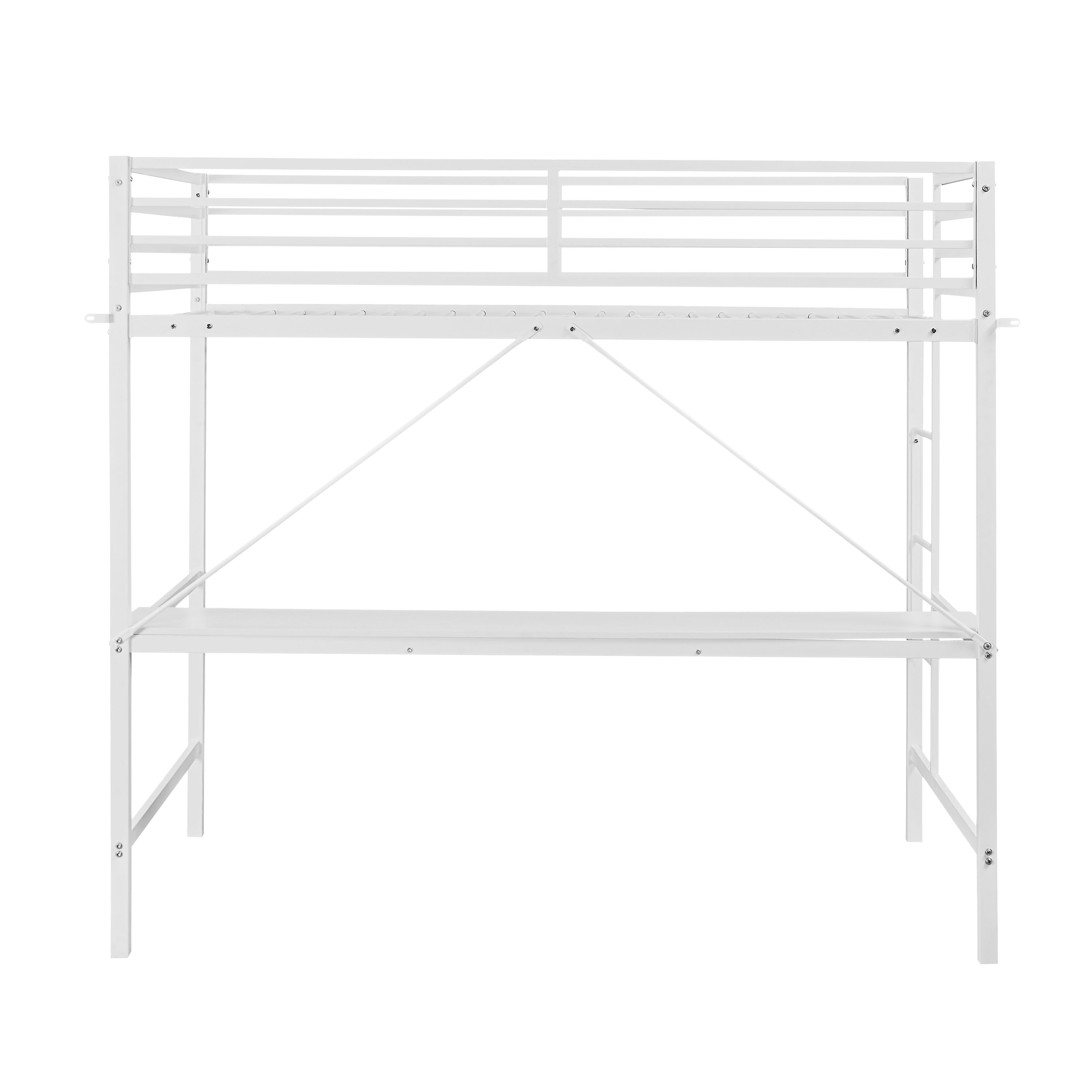 Jake Loft Bed Frame with Desk, Twin Size Metal Bed Frame with Protective Guard Rails & Ladder for Kids, Teens and Adults - White