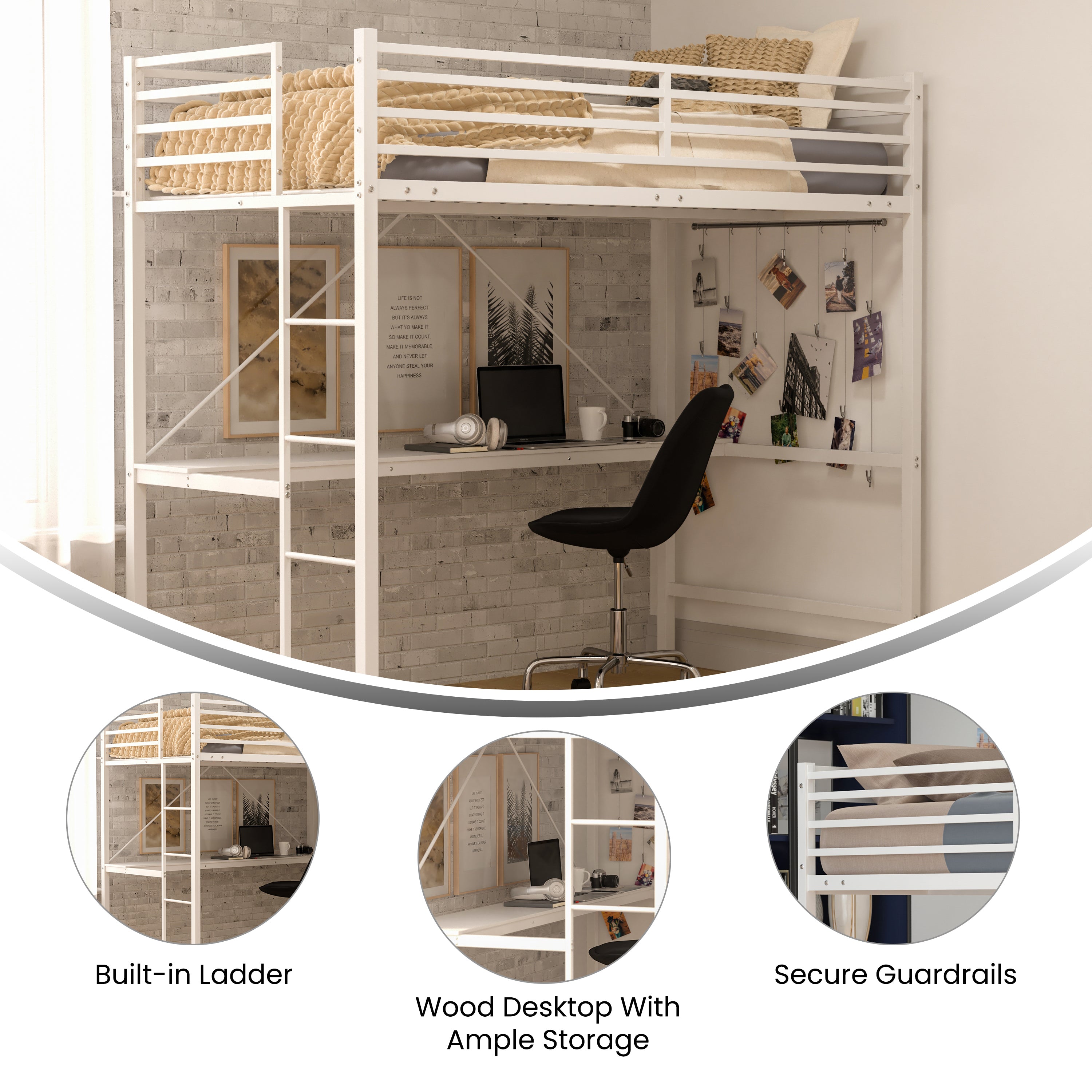Jake Loft Bed Frame with Desk, Twin Size Metal Bed Frame with Protective Guard Rails & Ladder for Kids, Teens and Adults - White