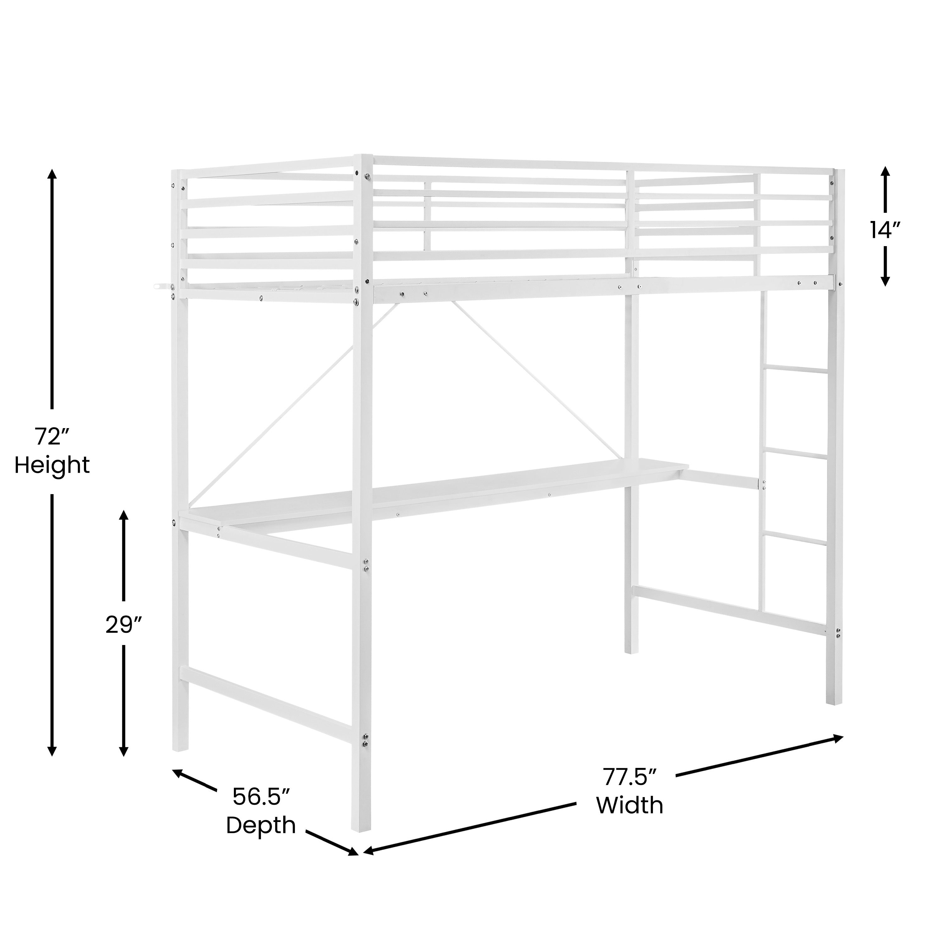 Jake Loft Bed Frame with Desk, Twin Size Metal Bed Frame with Protective Guard Rails & Ladder for Kids, Teens and Adults - White