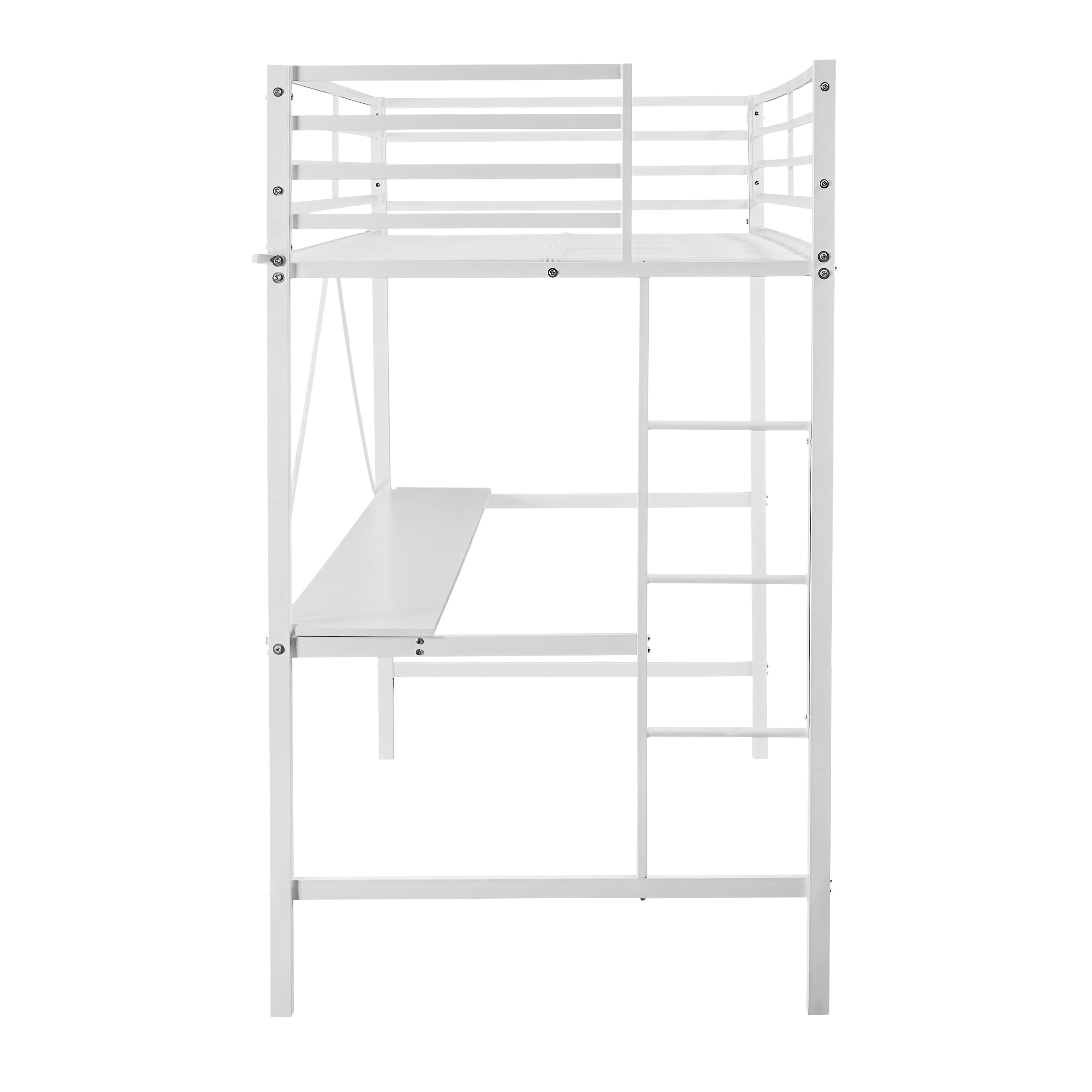 Jake Loft Bed Frame with Desk, Twin Size Metal Bed Frame with Protective Guard Rails & Ladder for Kids, Teens and Adults - White