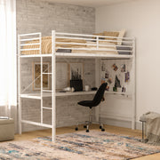 Jake Loft Bed Frame with Desk, Twin Size Metal Bed Frame with Protective Guard Rails & Ladder for Kids, Teens and Adults - White