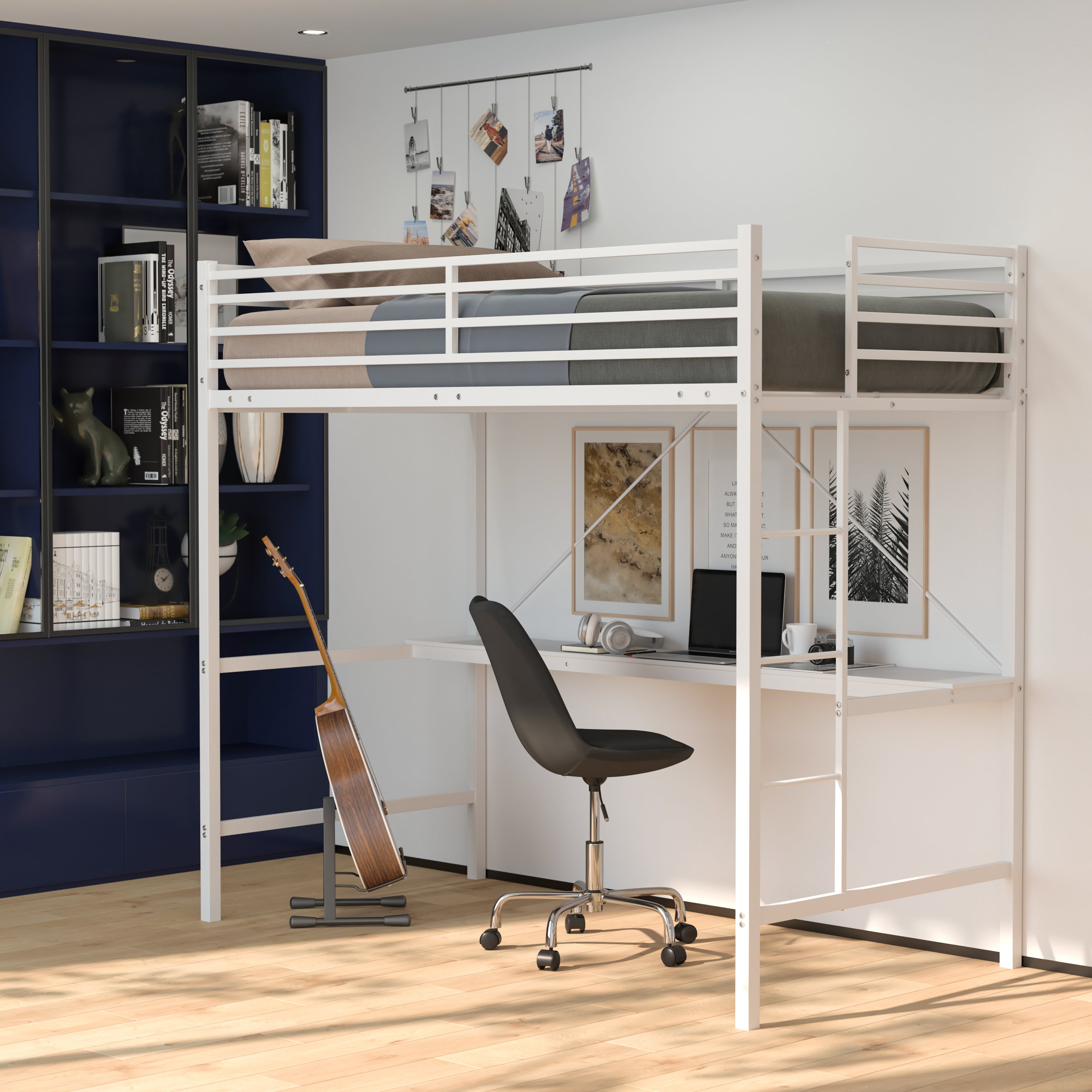 Jake Loft Bed Frame with Desk, Twin Size Metal Bed Frame with Protective Guard Rails & Ladder for Kids, Teens and Adults - White