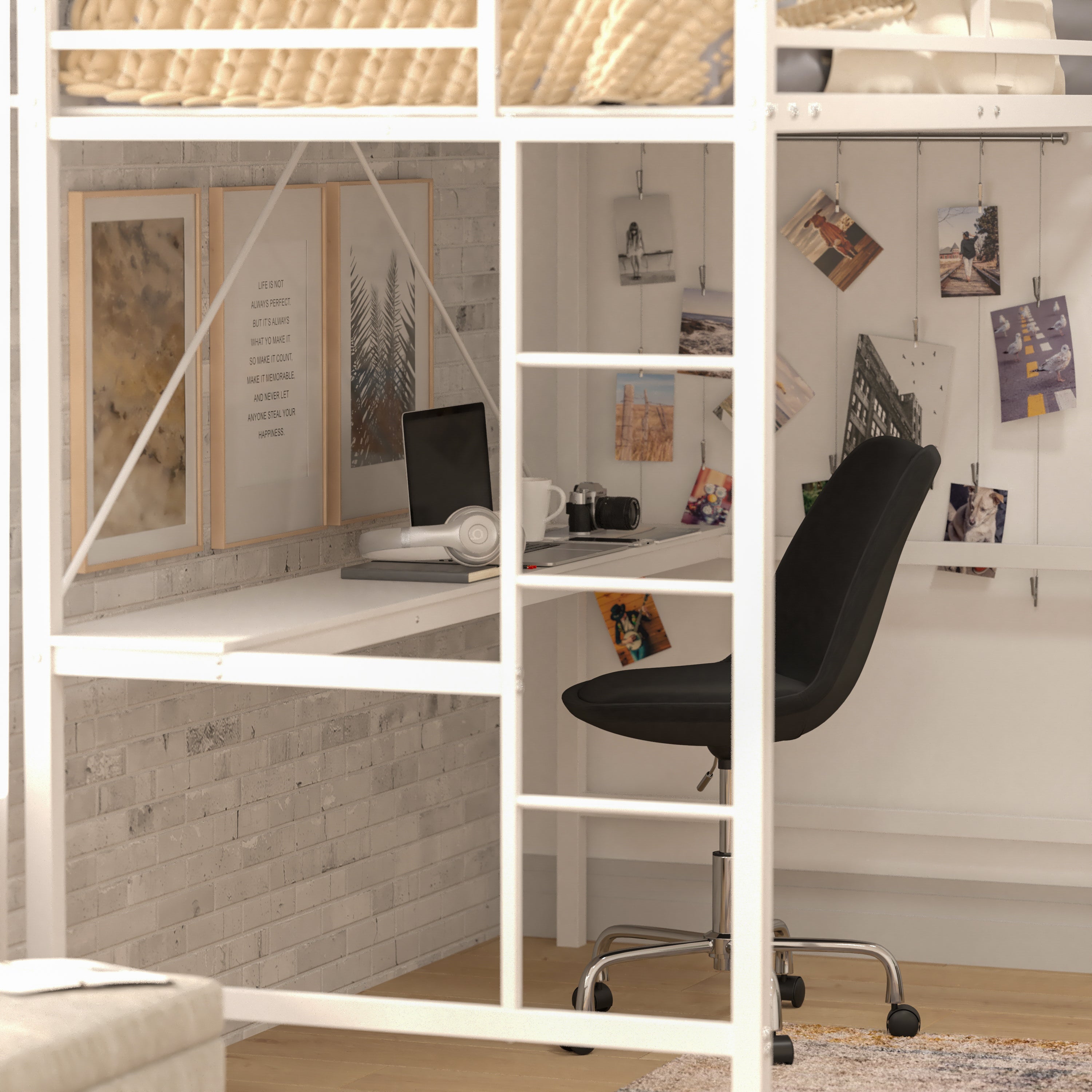Jake Loft Bed Frame with Desk, Twin Size Metal Bed Frame with Protective Guard Rails & Ladder for Kids, Teens and Adults - White