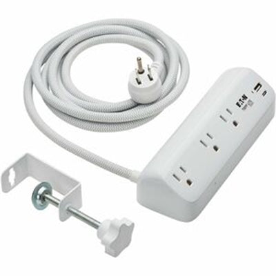 Eaton Tripp Lite Series Protect It! 3-Outlet Surge Protector with USB-A and USB-C Ports - 5-15R Outlets, 900 Joules, 20W PD Charging, Desk Clamp, 8 ft. (2.4 m) Braided Cord, White
