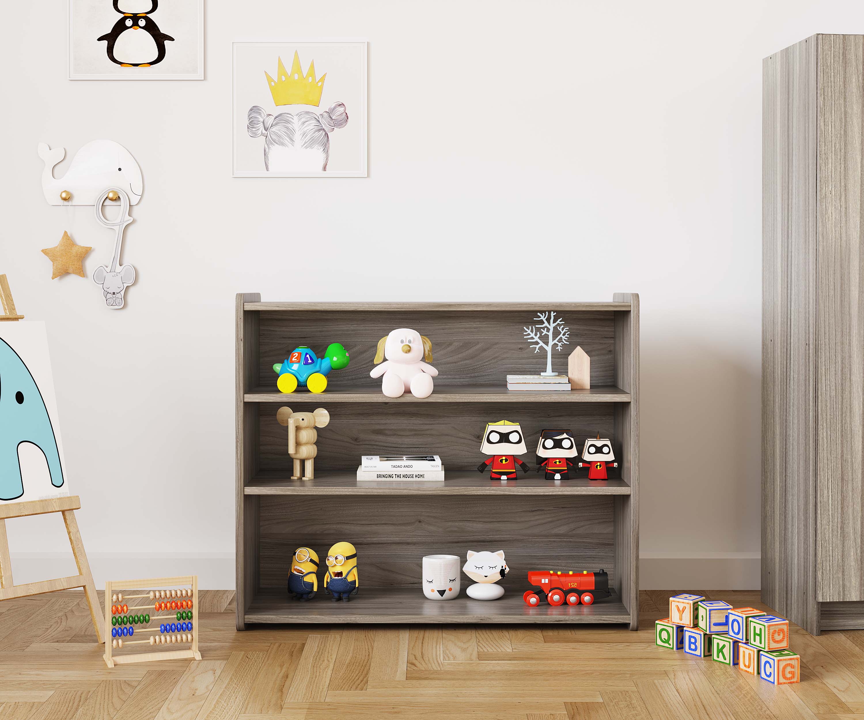 School Age Shelf Storage, Assembled, Shadow Elm Gray, 37.5"H x 46"W x 15"D