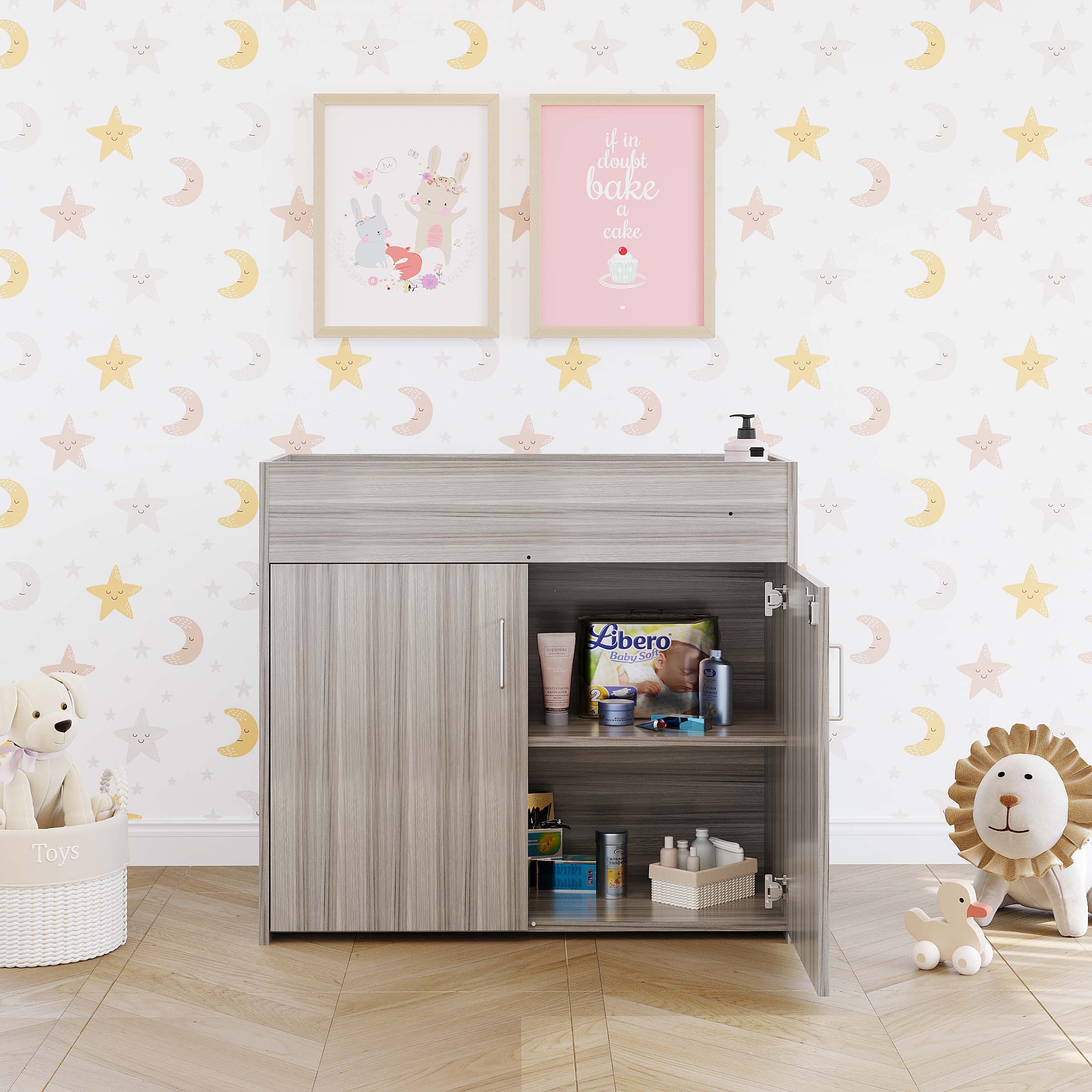 Infant Changing Table, Assembled, Shadow Elm Gray, 37"H x 41.5"W x 19.5"D