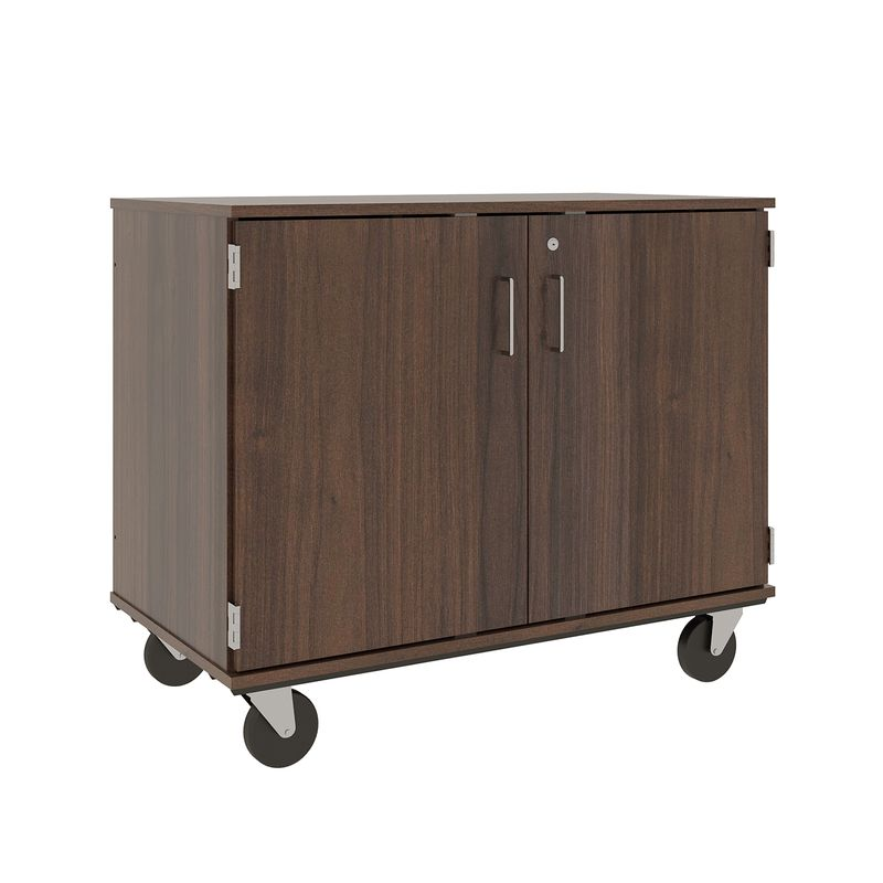 36" Tall - Closed Bin Storage With Doors and 18 (3") Trays w/ Lock, Sepia Walnut
