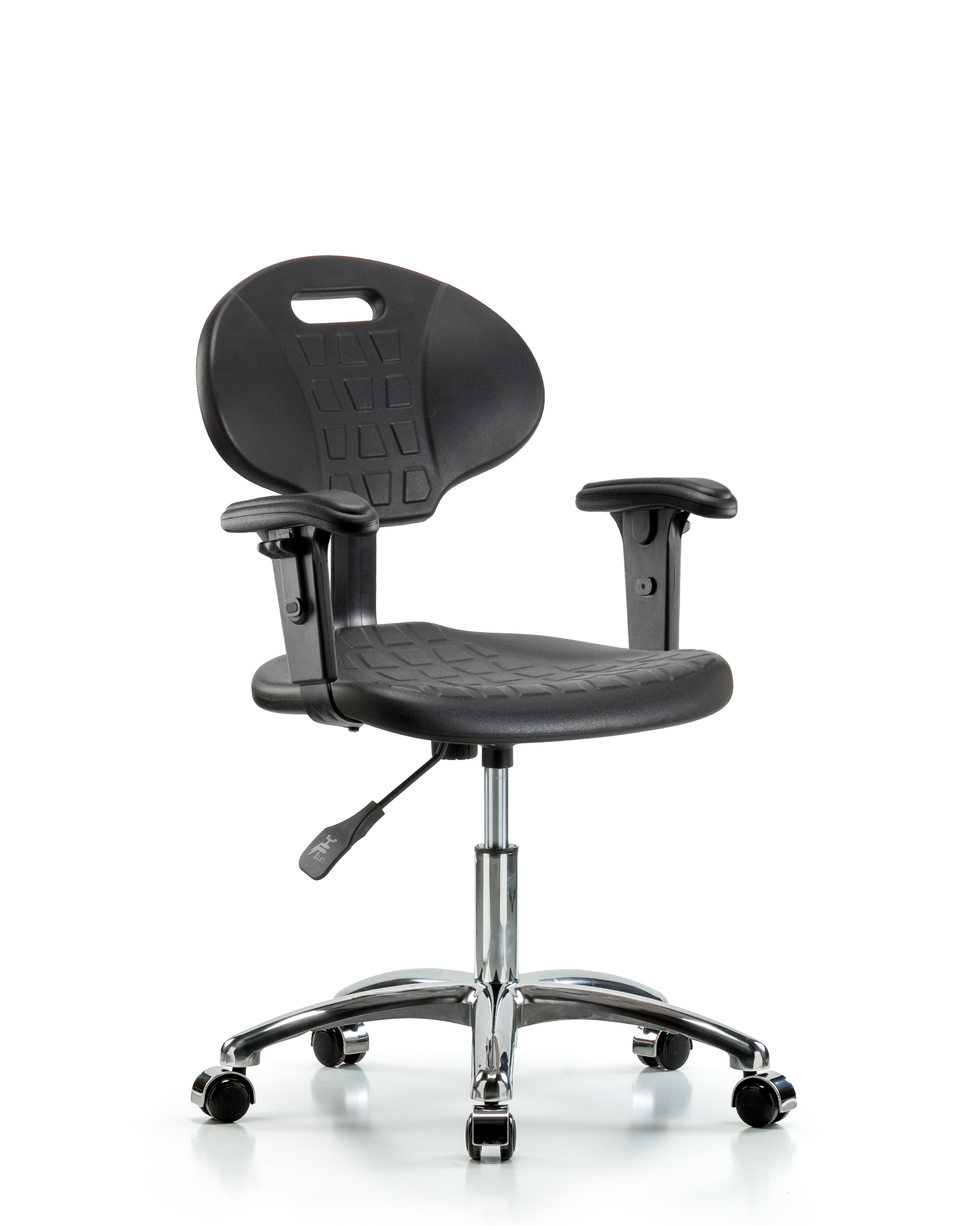 Erie Polyurethane Chair Chrome - Desk Height with Adjustable Arms & Chrome Casters in Black Polyurethane