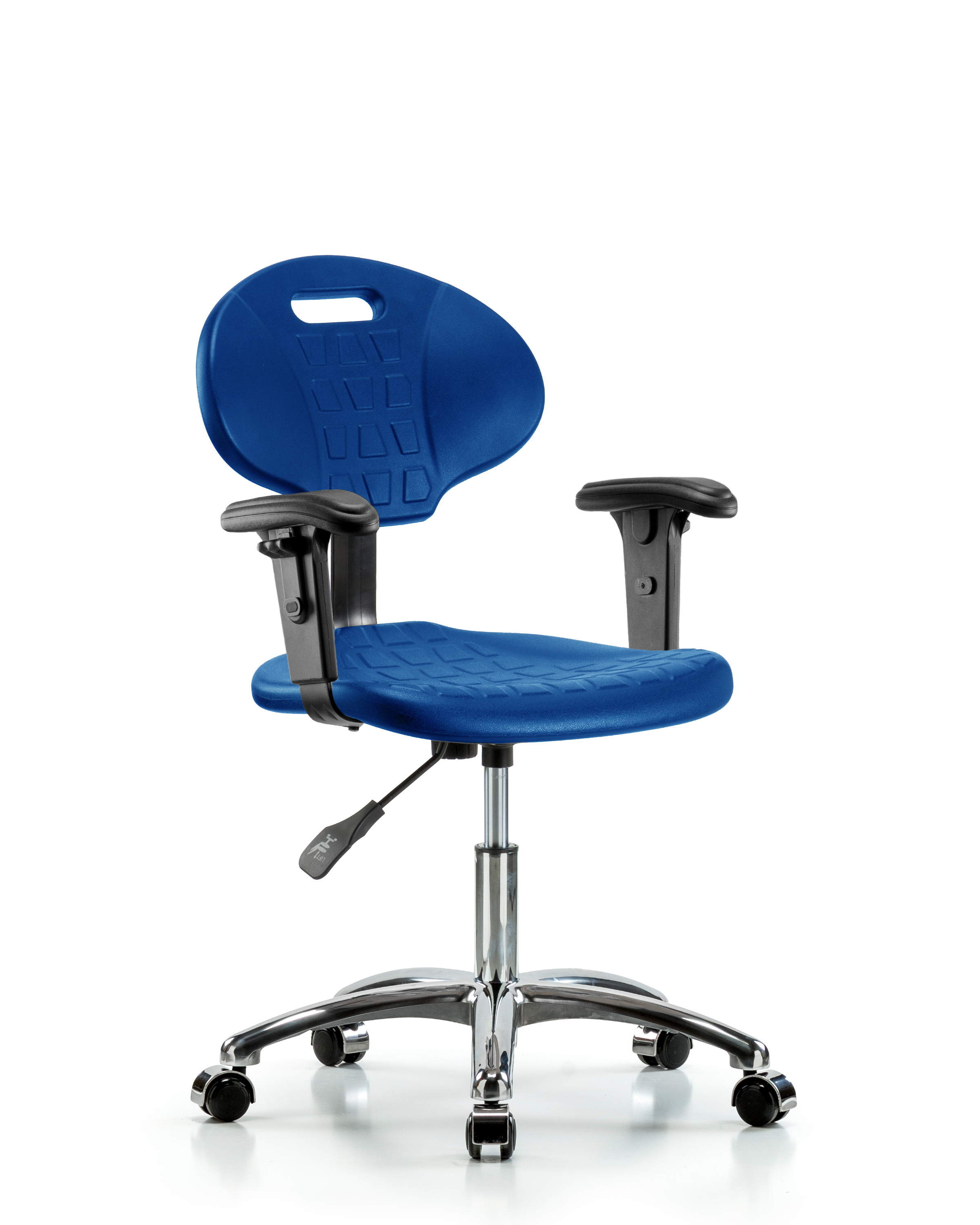Erie Polyurethane Chair Chrome - Desk Height with Adjustable Arms & Chrome Casters in Blue Polyurethane