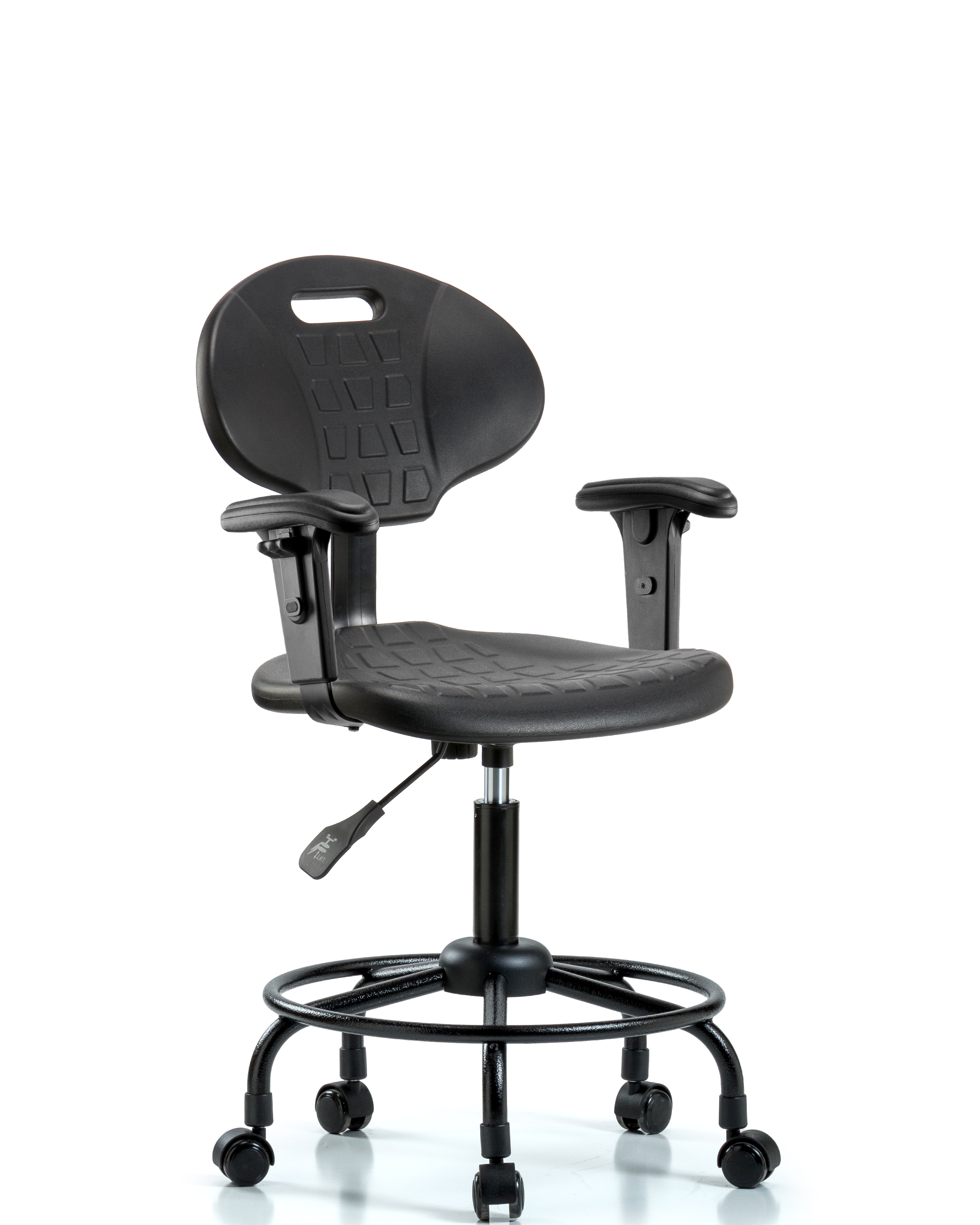 Erie Polyurethane Chair - Desk Height with Adjustable Arms, Round Tube Base & Casters in Black Polyurethane