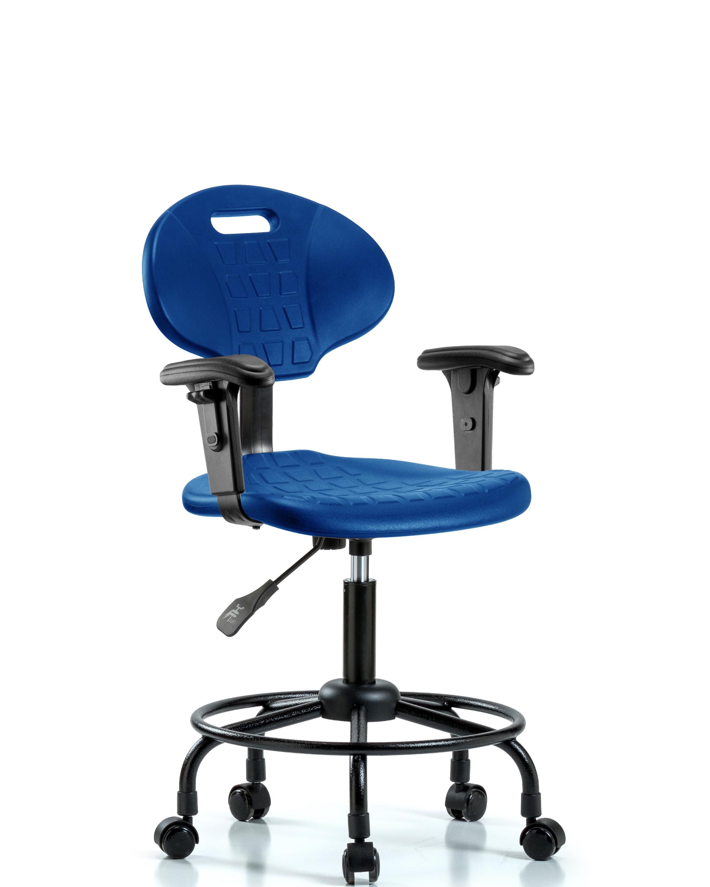 Erie Polyurethane Chair - Desk Height with Adjustable Arms, Round Tube Base & Casters in Blue Polyurethane