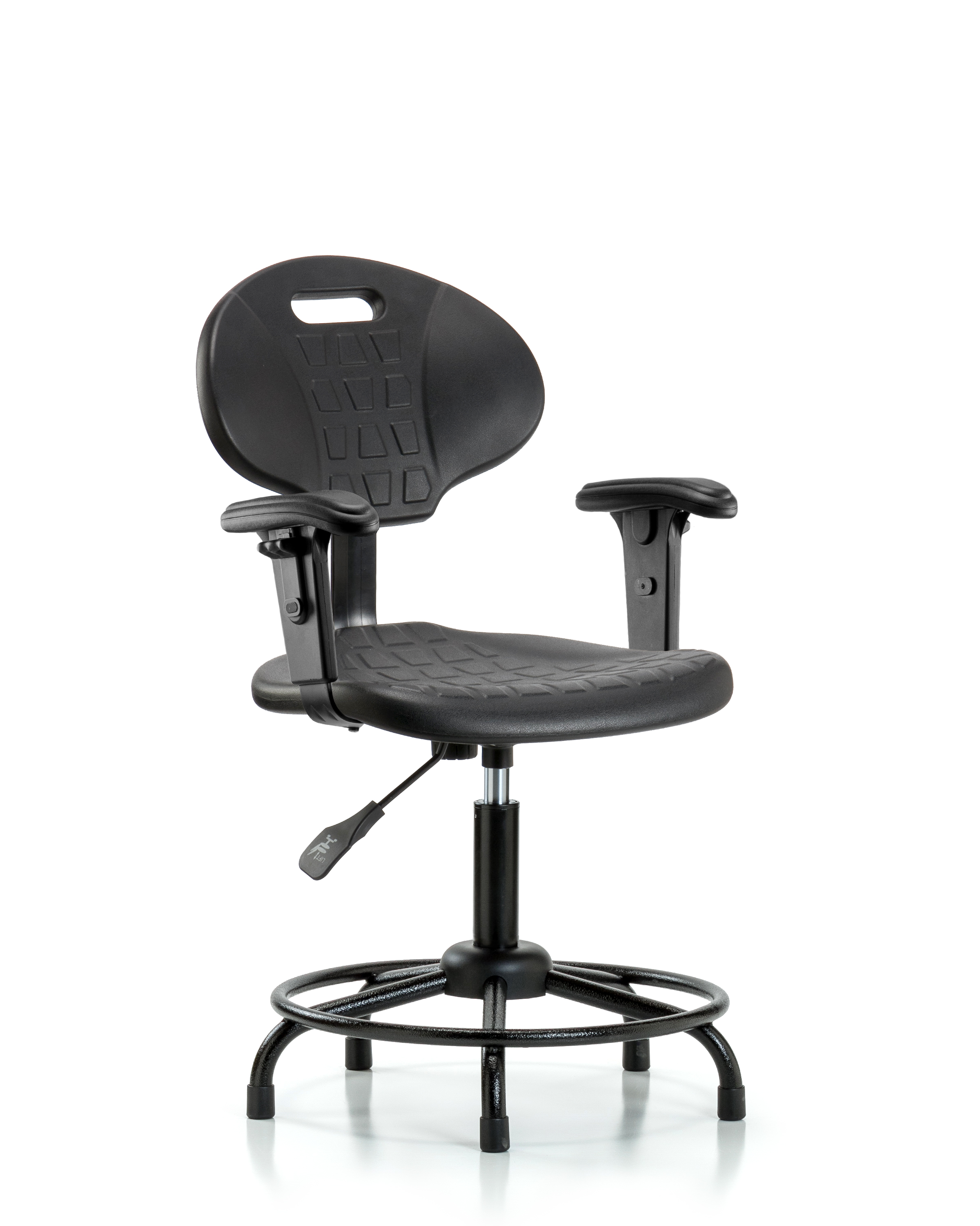 Erie Polyurethane Chair - Desk Height with Adjustable Arms, Round Tube Base & Stationary Glides in Black Polyurethane