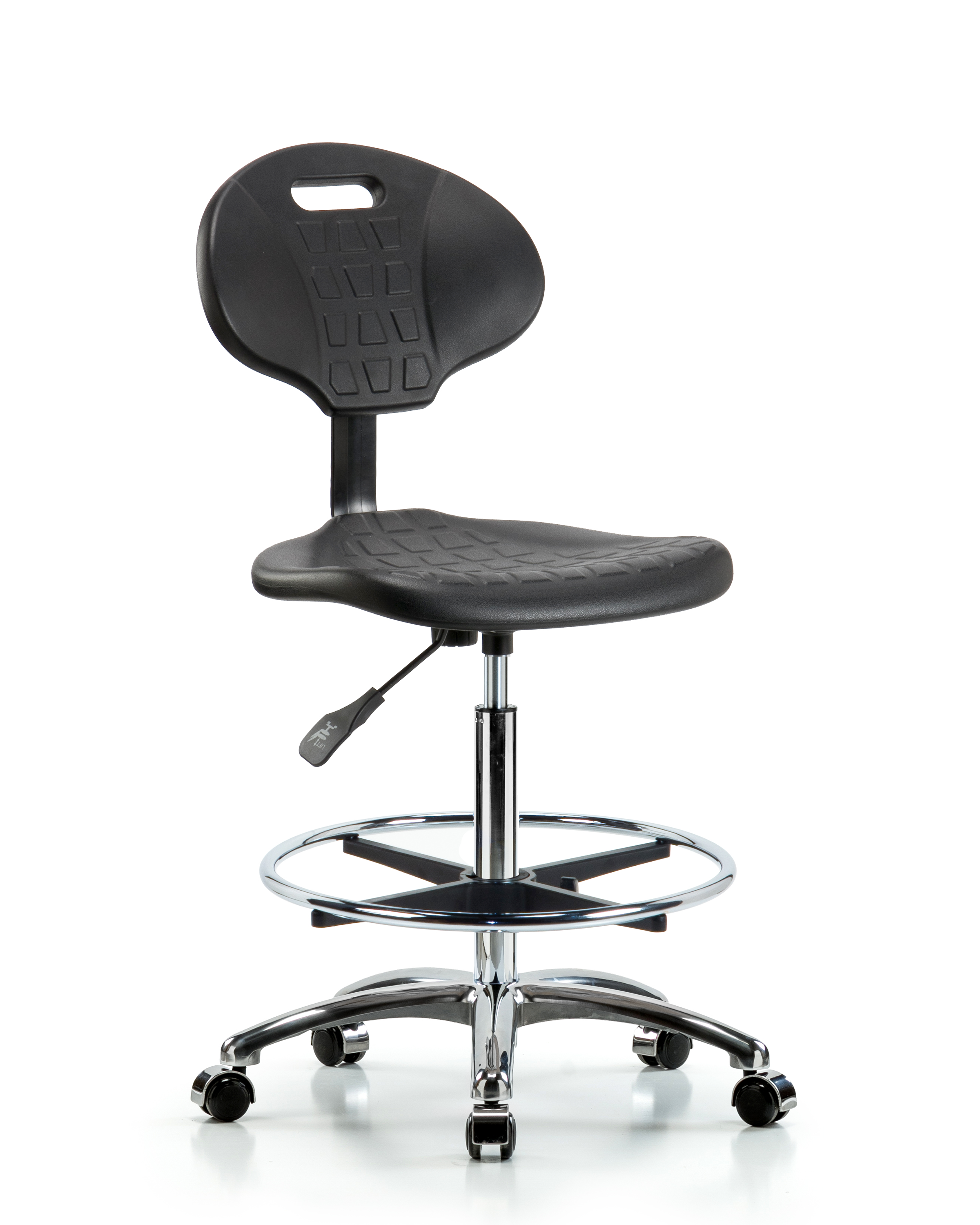 Erie Polyurethane Chair Chrome - High Bench Height with Chrome Foot Ring & Chrome Casters in Black Polyurethane