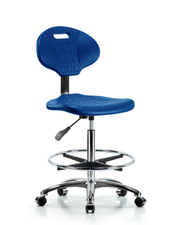 Erie Polyurethane Chair Chrome - High Bench Height with Chrome Foot Ring & Chrome Casters in Blue Polyurethane