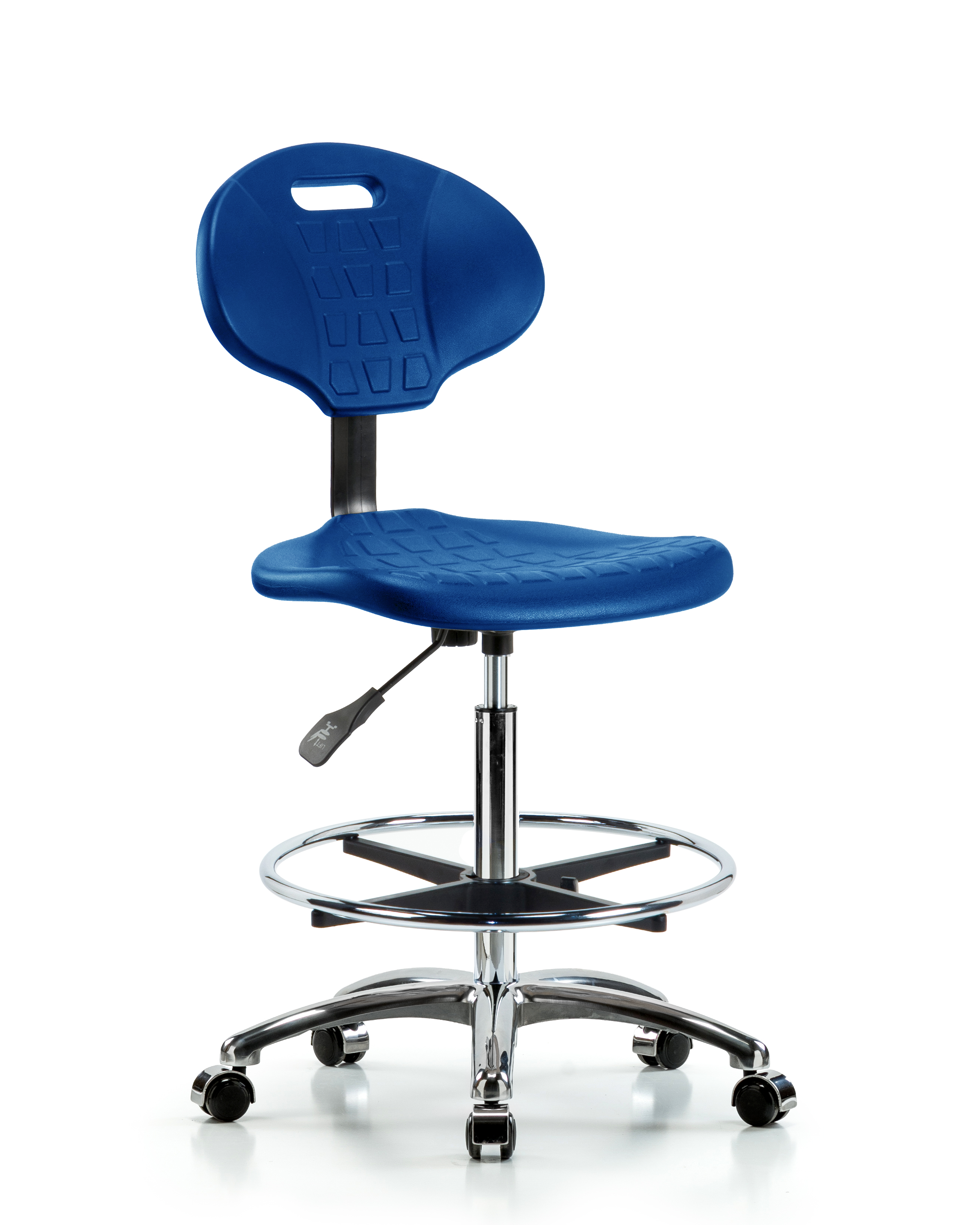 Erie Polyurethane Chair Chrome - High Bench Height with Chrome Foot Ring & Chrome Casters in Blue Polyurethane