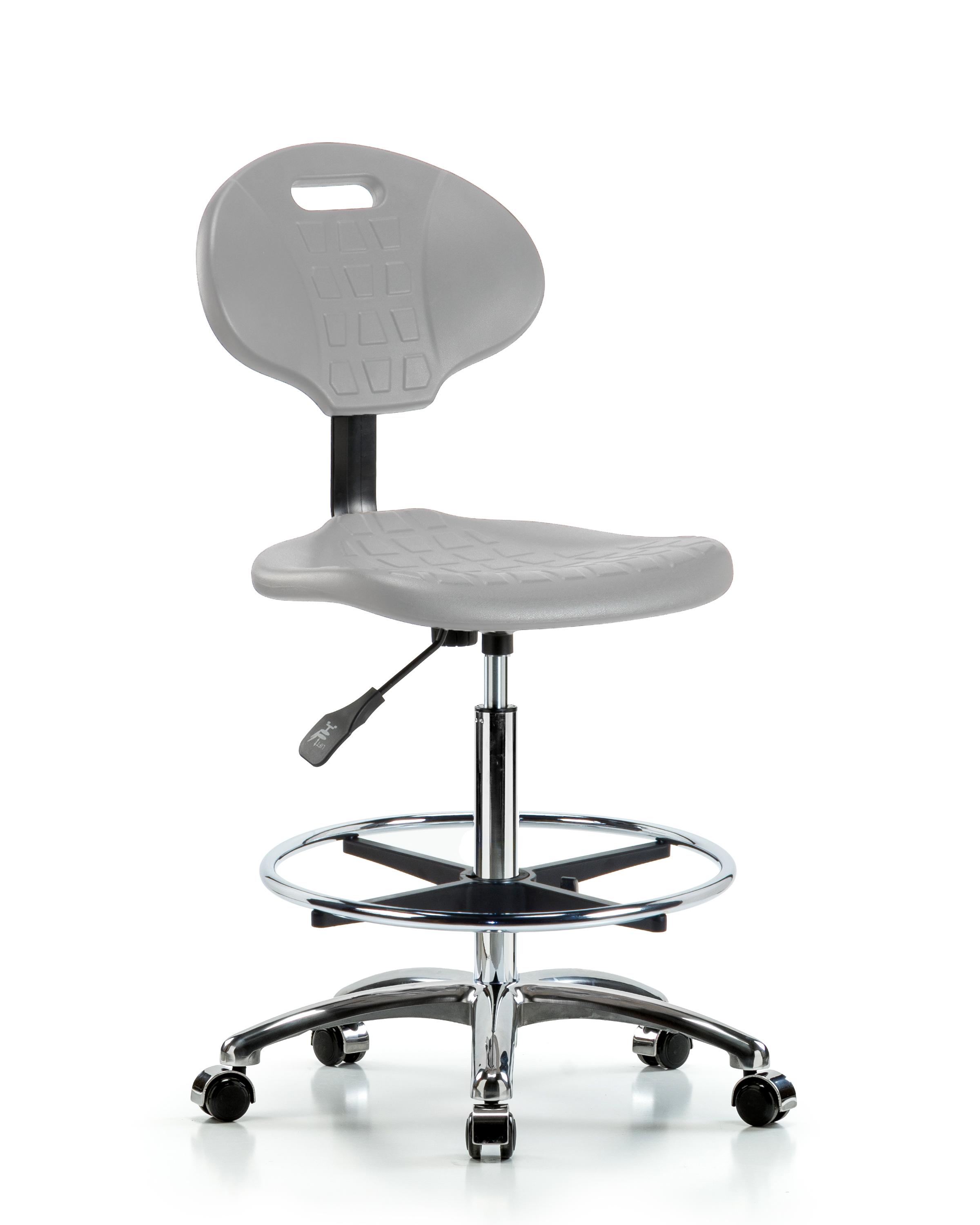 Erie Polyurethane Chair Chrome - High Bench Height with Chrome Foot Ring & Chrome Casters in Gray Polyurethane