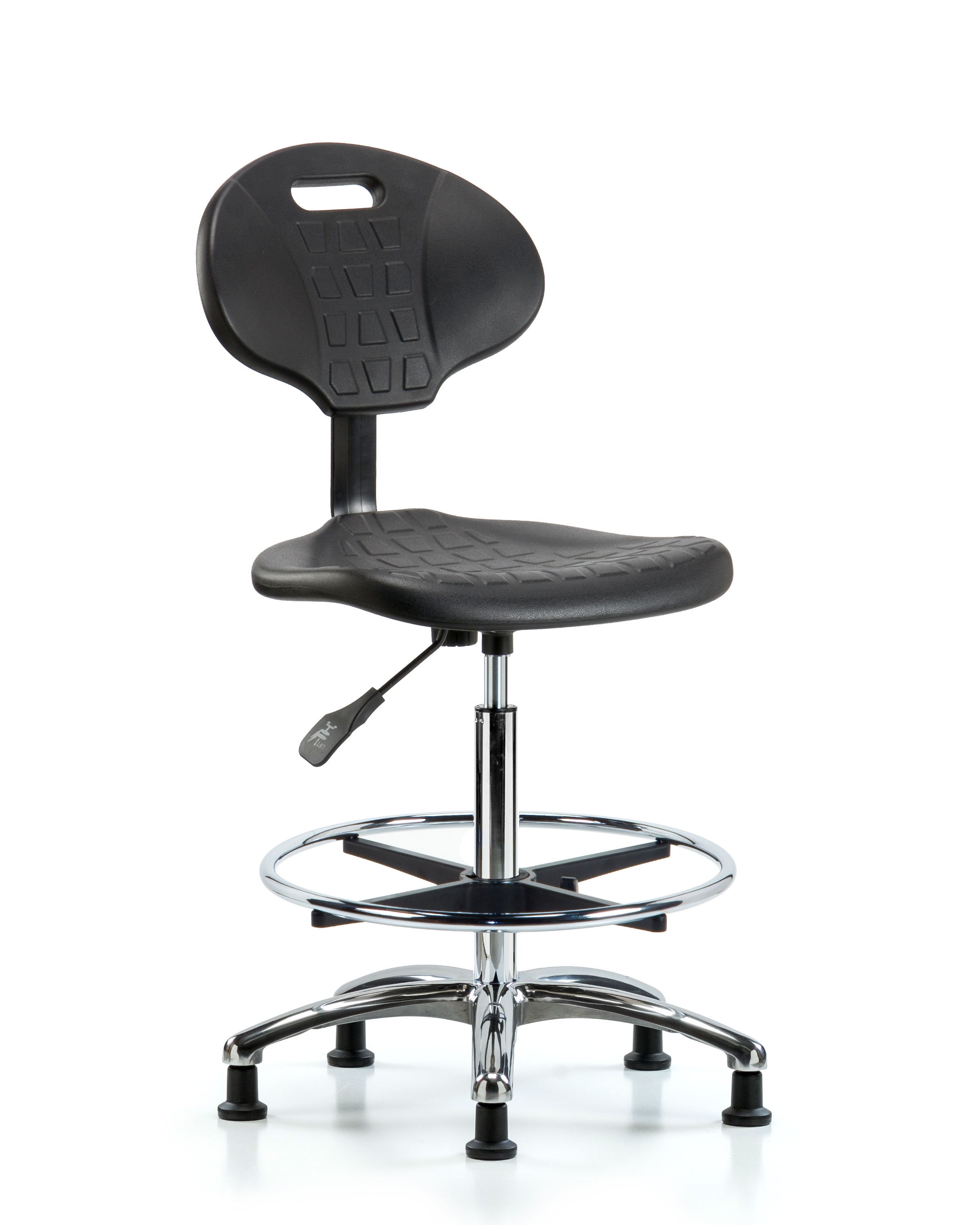 Erie Polyurethane Chair Chrome - High Bench Height with Chrome Foot Ring & Stationary Glides in Black Polyurethane