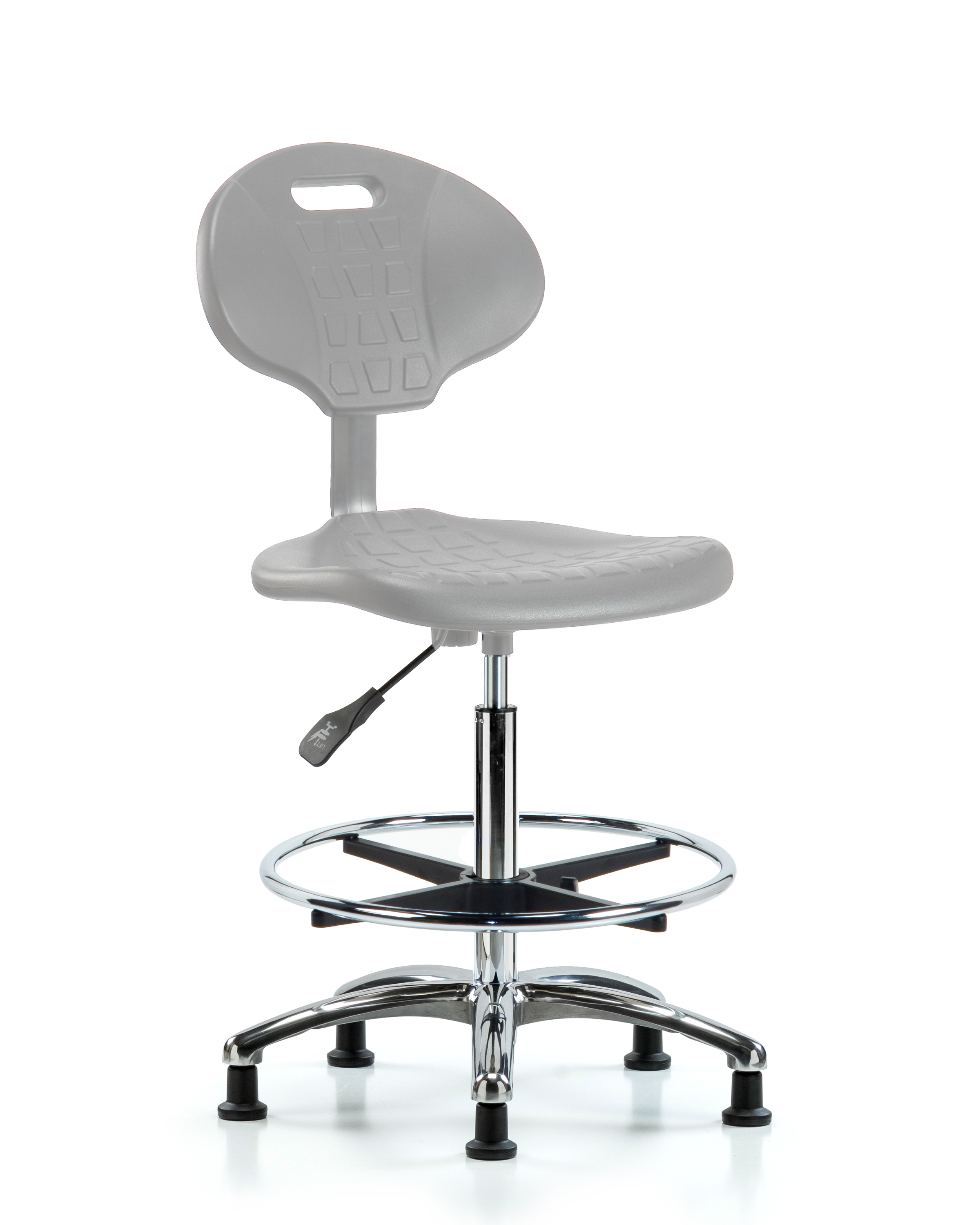 Erie Polyurethane Chair Chrome - High Bench Height with Chrome Foot Ring & Stationary Glides in Gray Polyurethane