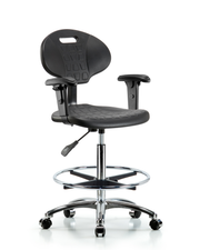 Erie Polyurethane Chair Chrome - High Bench Height with Chrome Foot Ring, Adjustable Arms, & Chrome Casters in Black Polyurethane