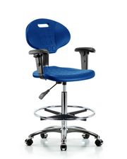 Erie Polyurethane Chair Chrome - High Bench Height with Chrome Foot Ring, Adjustable Arms, & Chrome Casters in Blue Polyurethane