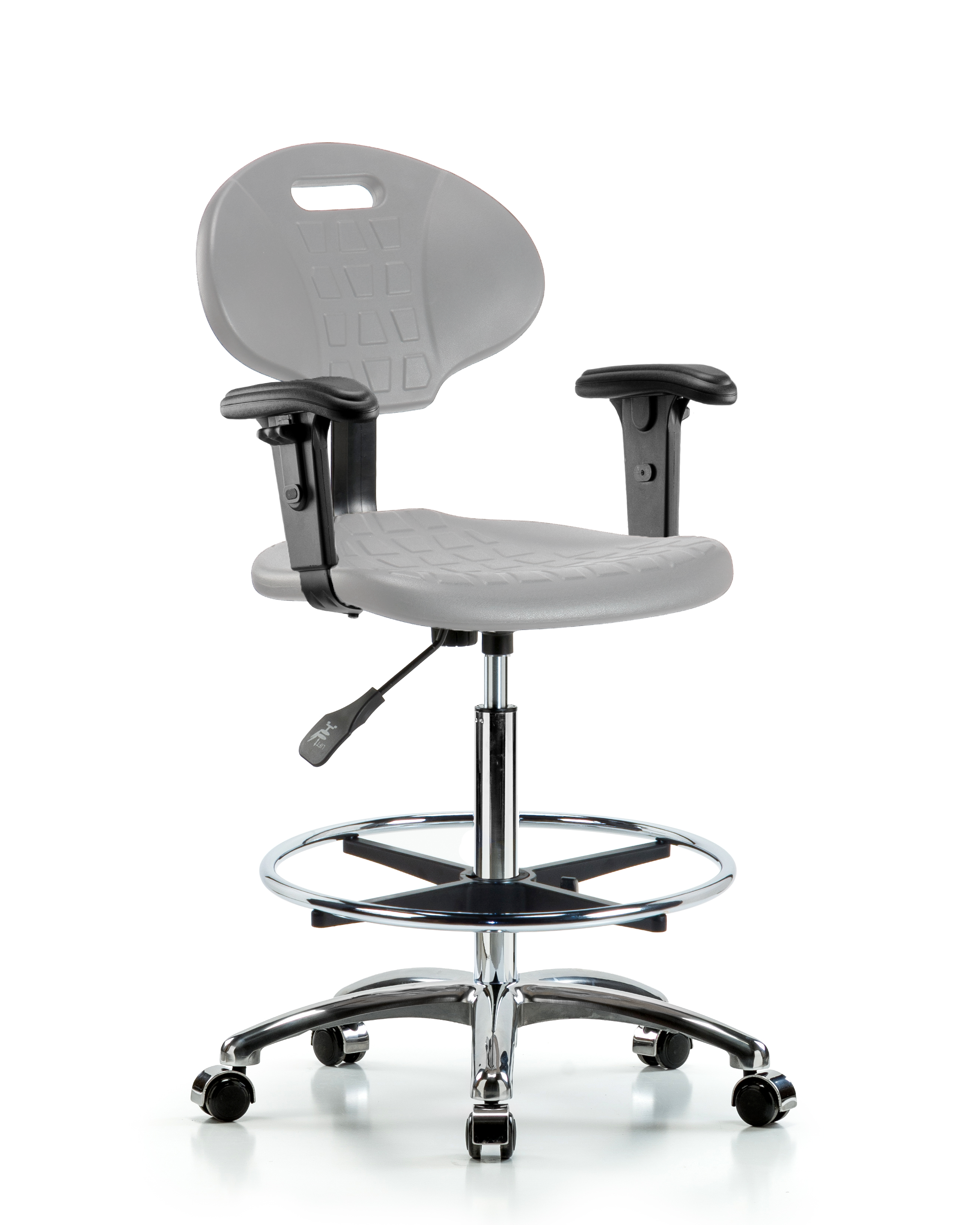 Erie Polyurethane Chair Chrome - High Bench Height with Chrome Foot Ring, Adjustable Arms, & Chrome Casters in Gray Polyurethane