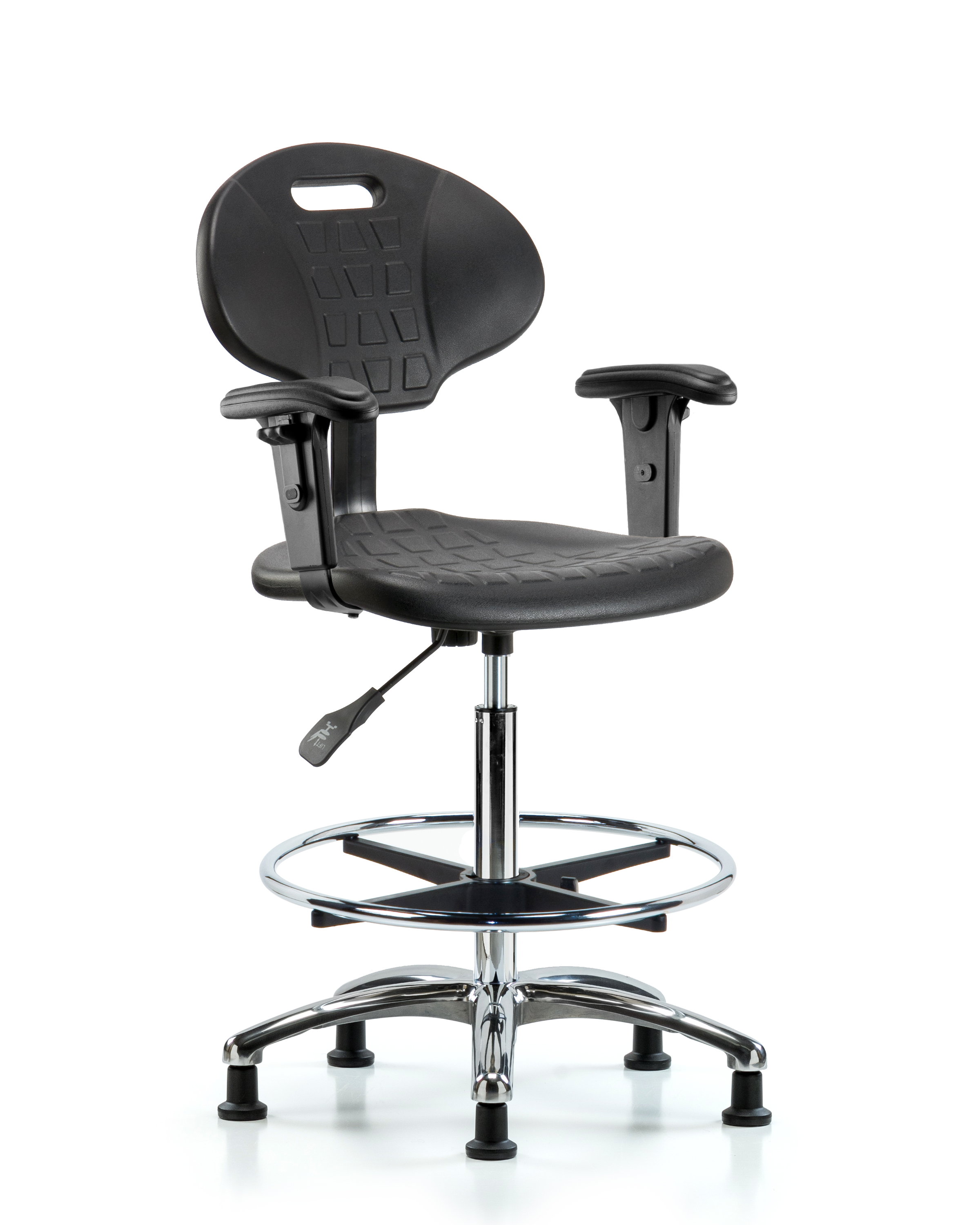 Erie Polyurethane Chair Chrome - High Bench Height with Chrome Foot Ring, Adjustable Arms, & Stationary Glides in Black Polyurethane