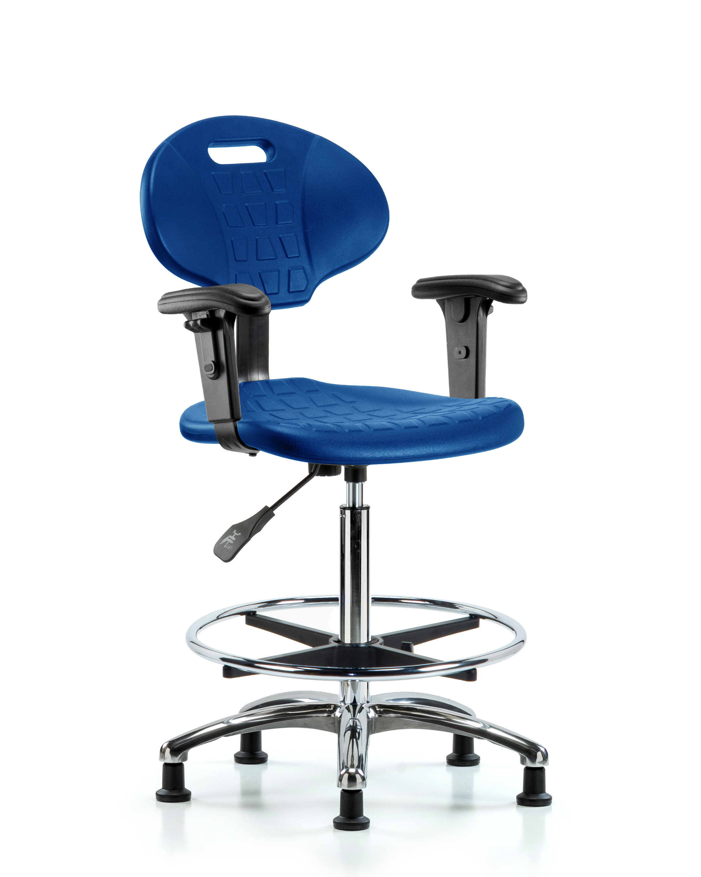 Erie Polyurethane Chair Chrome - High Bench Height with Chrome Foot Ring, Adjustable Arms, & Stationary Glides in Blue Polyurethane