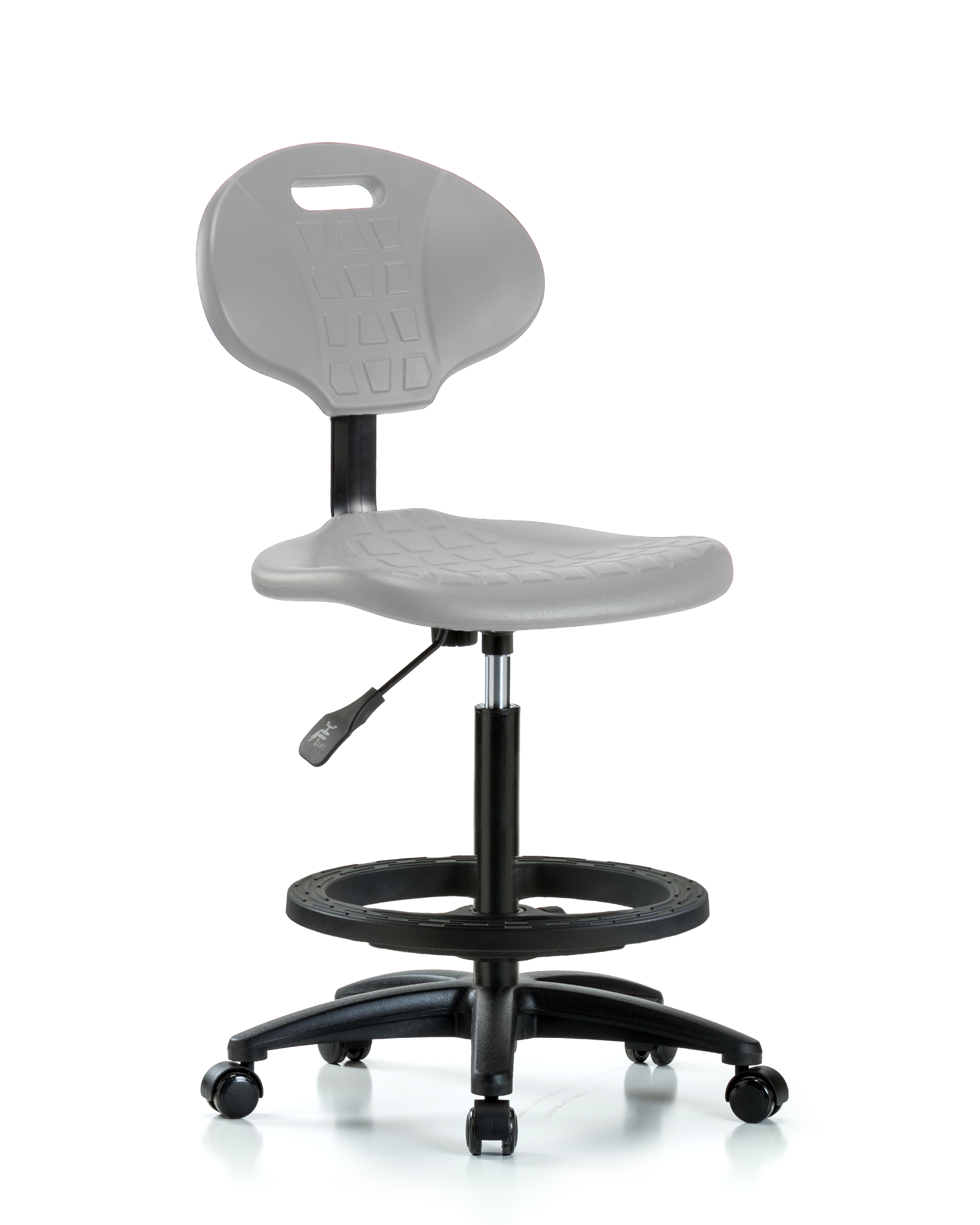 Erie Polyurethane Chair - High Bench Height with Black Foot Ring & Casters in Gray Polyurethane
