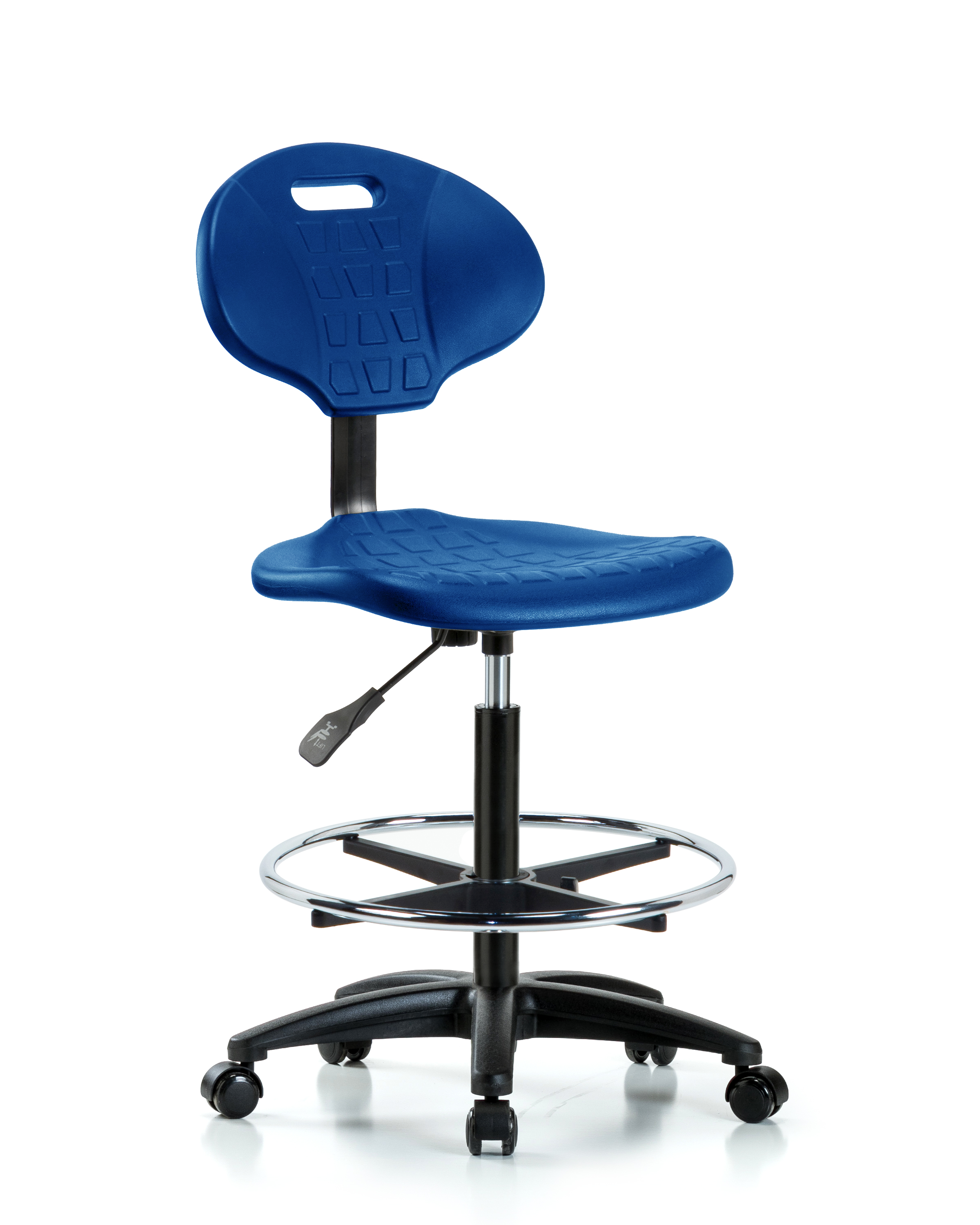 Erie Polyurethane Chair - High Bench Height with Chrome Foot Ring & Casters in Blue Polyurethane