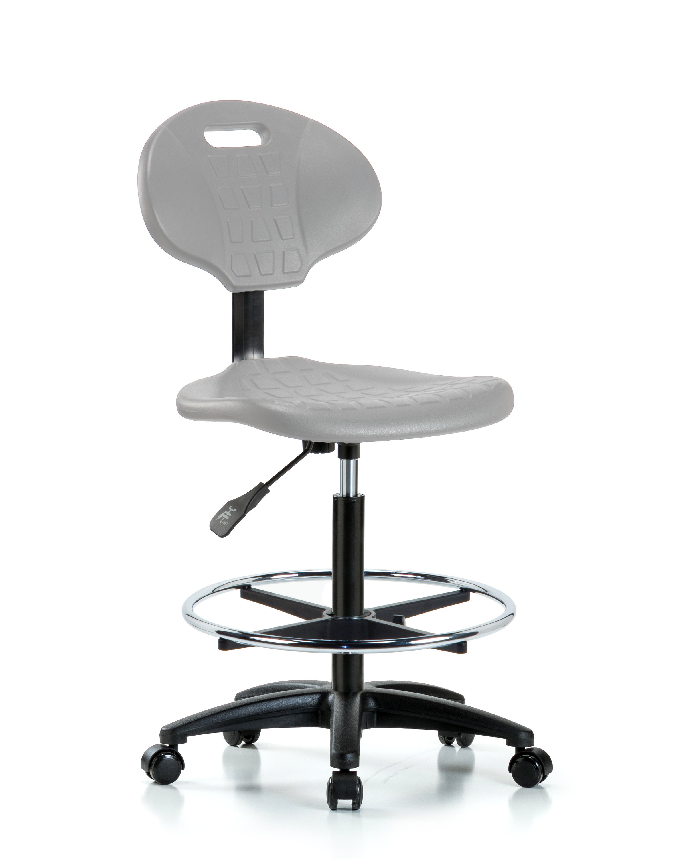 Erie Polyurethane Chair - High Bench Height with Chrome Foot Ring & Casters in Gray Polyurethane