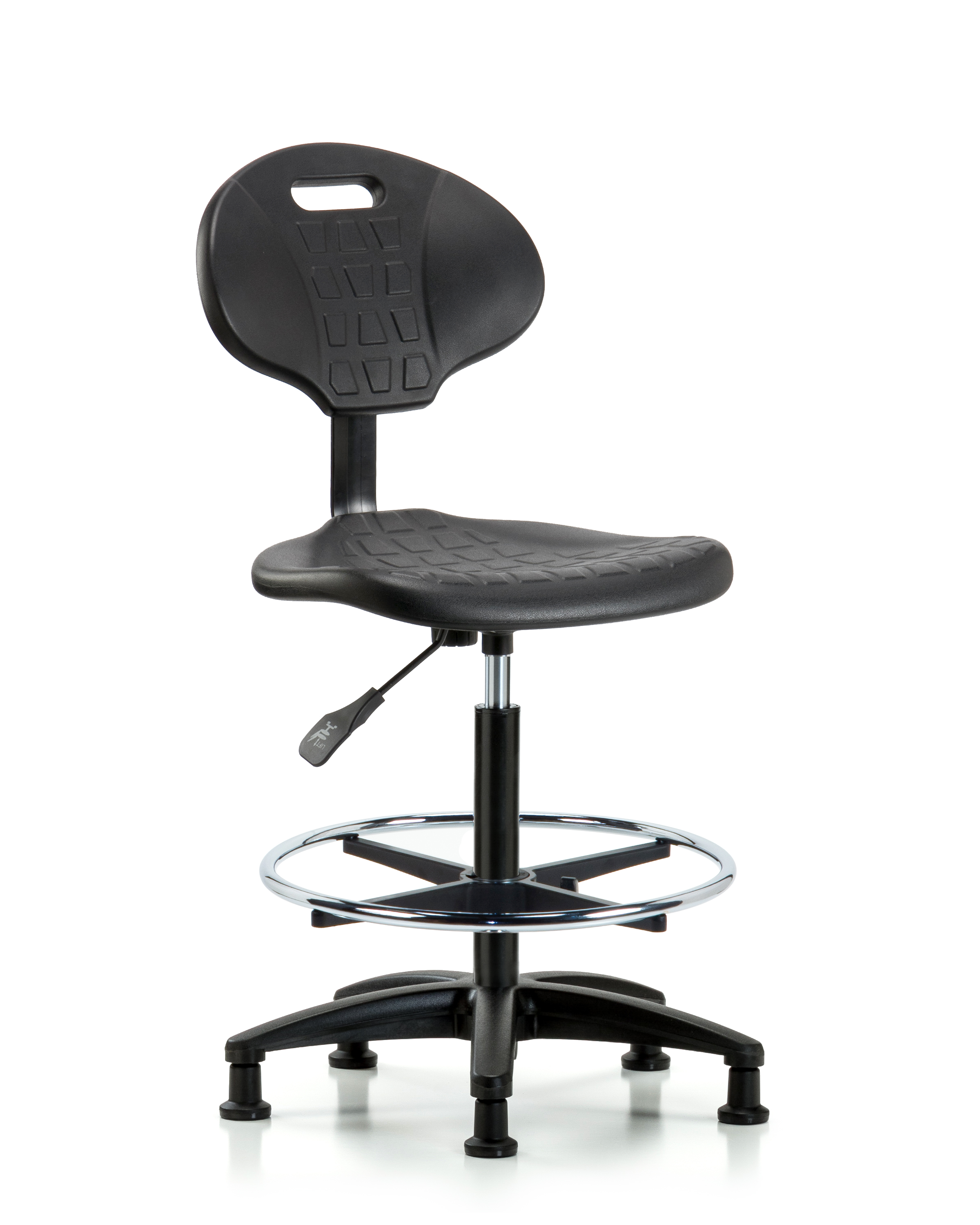 Erie Polyurethane Chair - High Bench Height with Chrome Foot Ring & Stationary Glides in Black Polyurethane