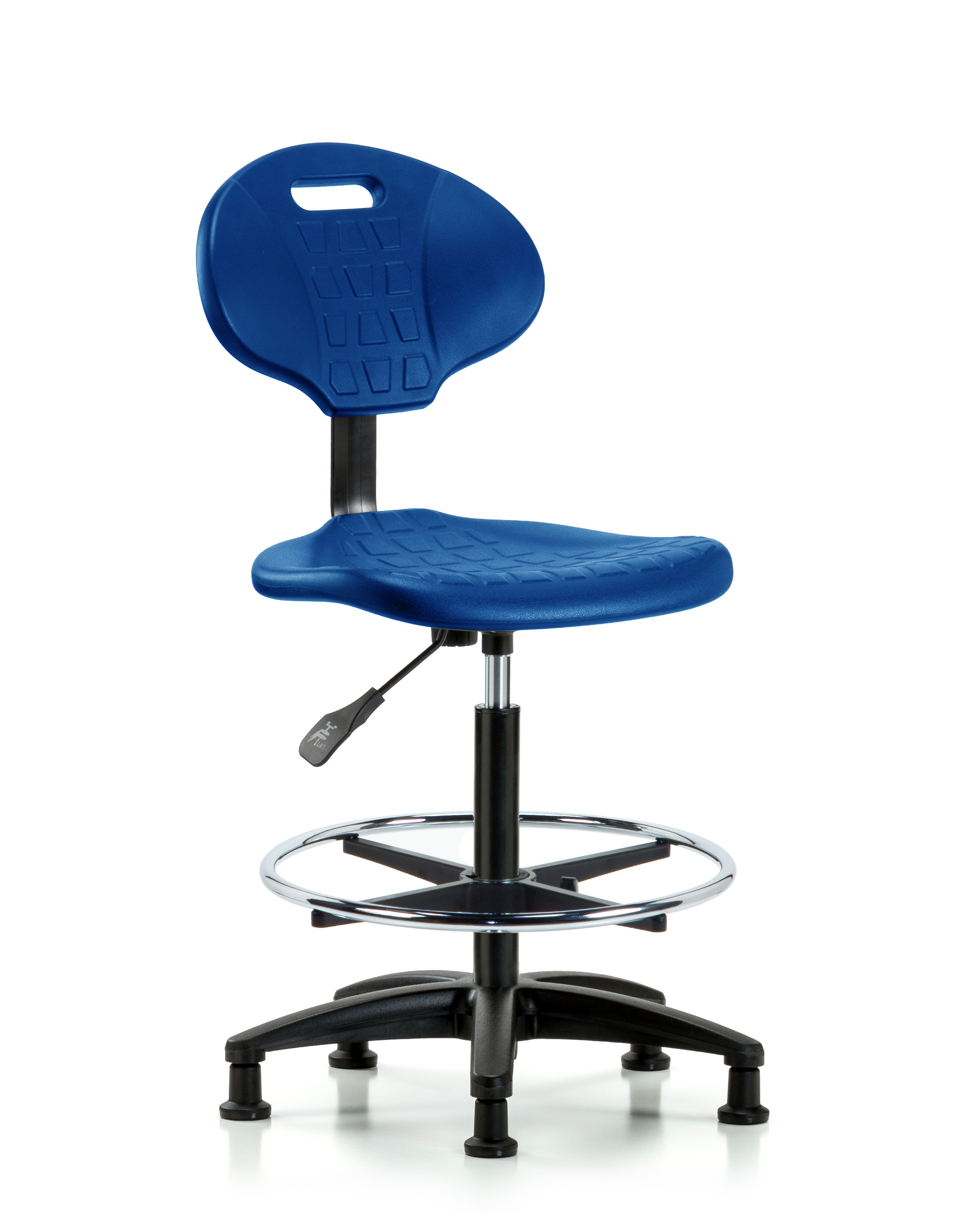 Erie Polyurethane Chair - High Bench Height with Chrome Foot Ring & Stationary Glides in Blue Polyurethane