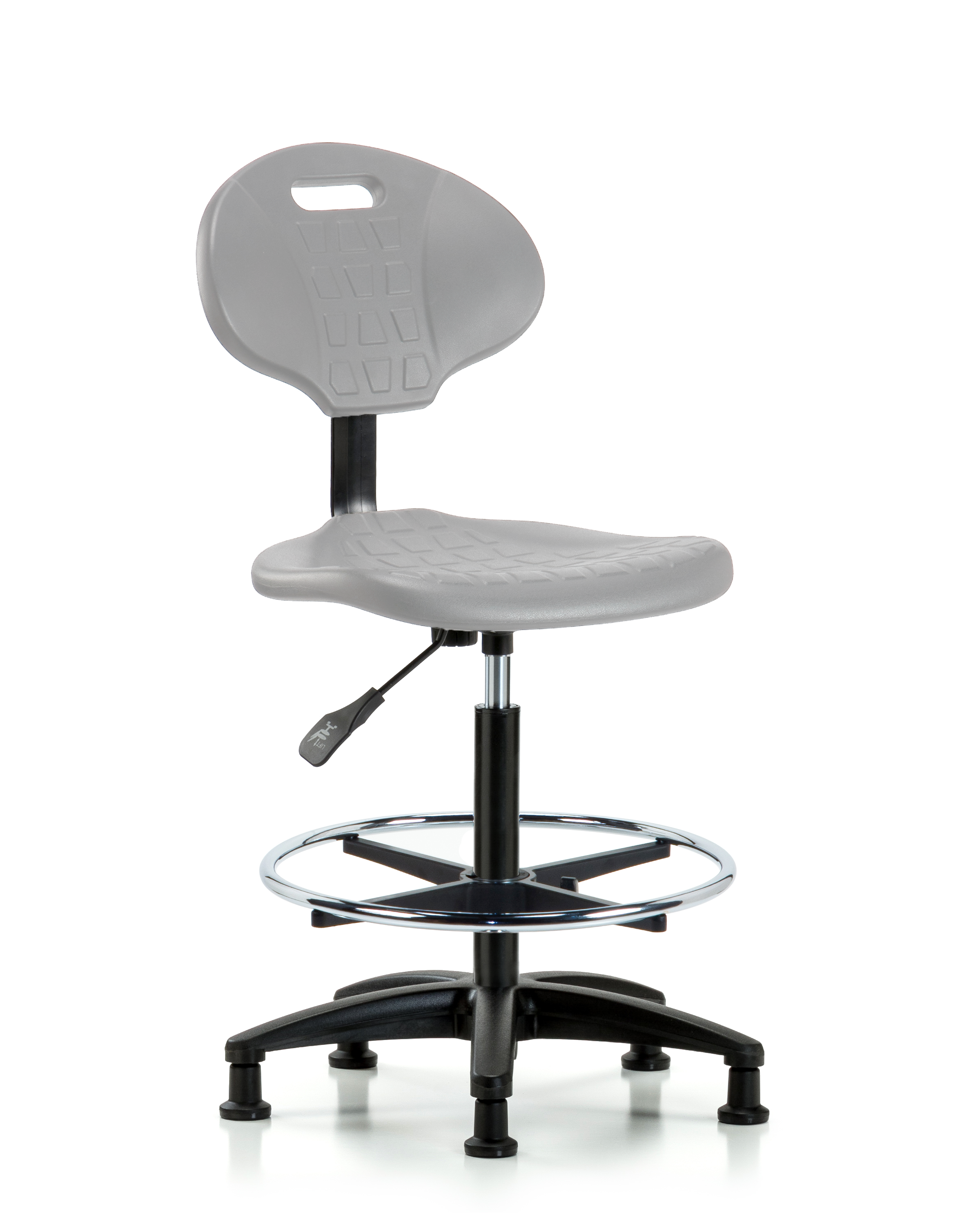 Erie Polyurethane Chair - High Bench Height with Chrome Foot Ring & Stationary Glides in Gray Polyurethane