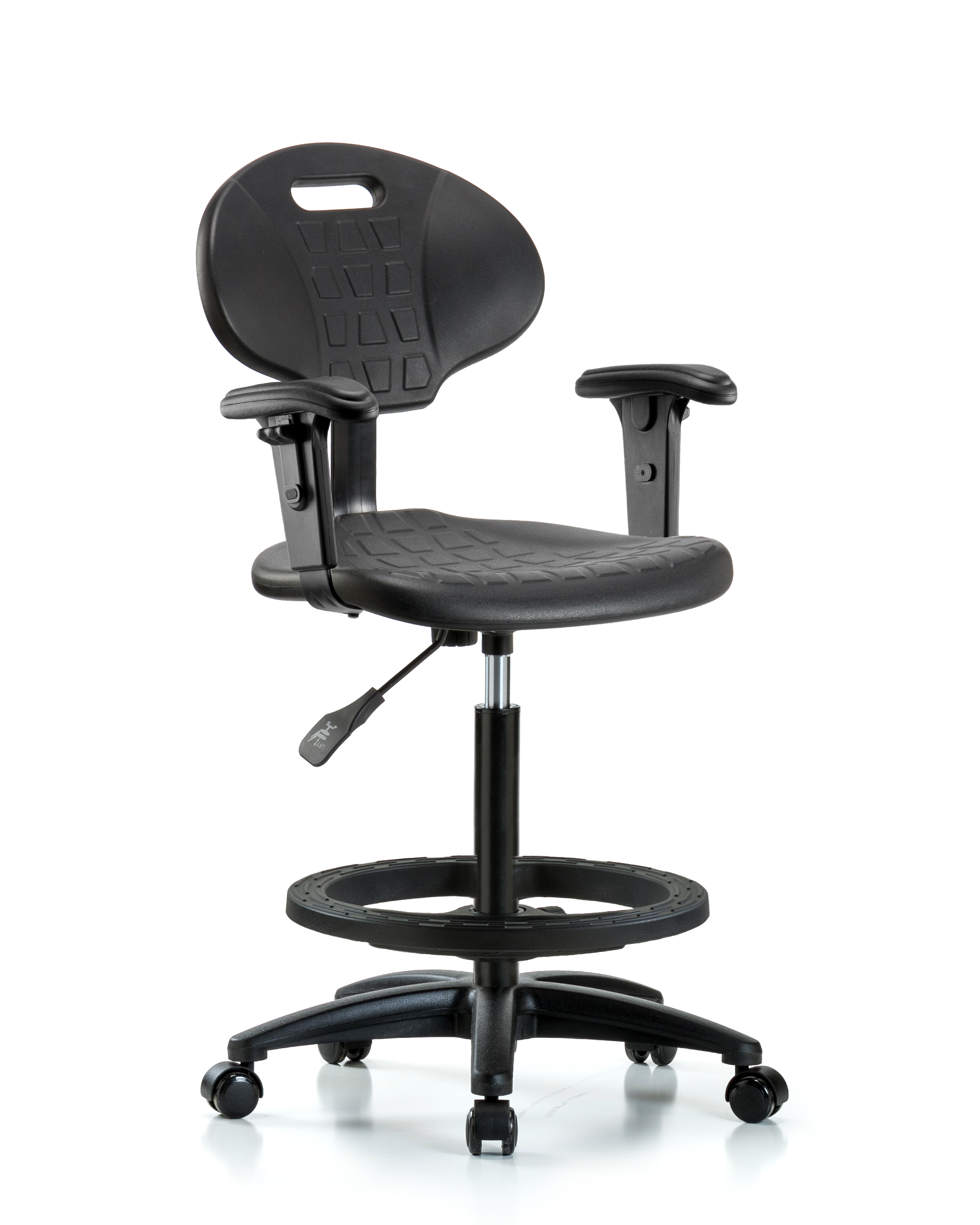 Erie Polyurethane Chair - High Bench Height with Black Foot Ring, Adjustable Arms, & Casters in Black Polyurethane