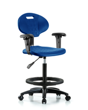 Erie Polyurethane Chair - High Bench Height with Black Foot Ring, Adjustable Arms, & Casters in Blue Polyurethane