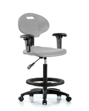 Erie Polyurethane Chair - High Bench Height with Black Foot Ring, Adjustable Arms, & Casters in Gray Polyurethane