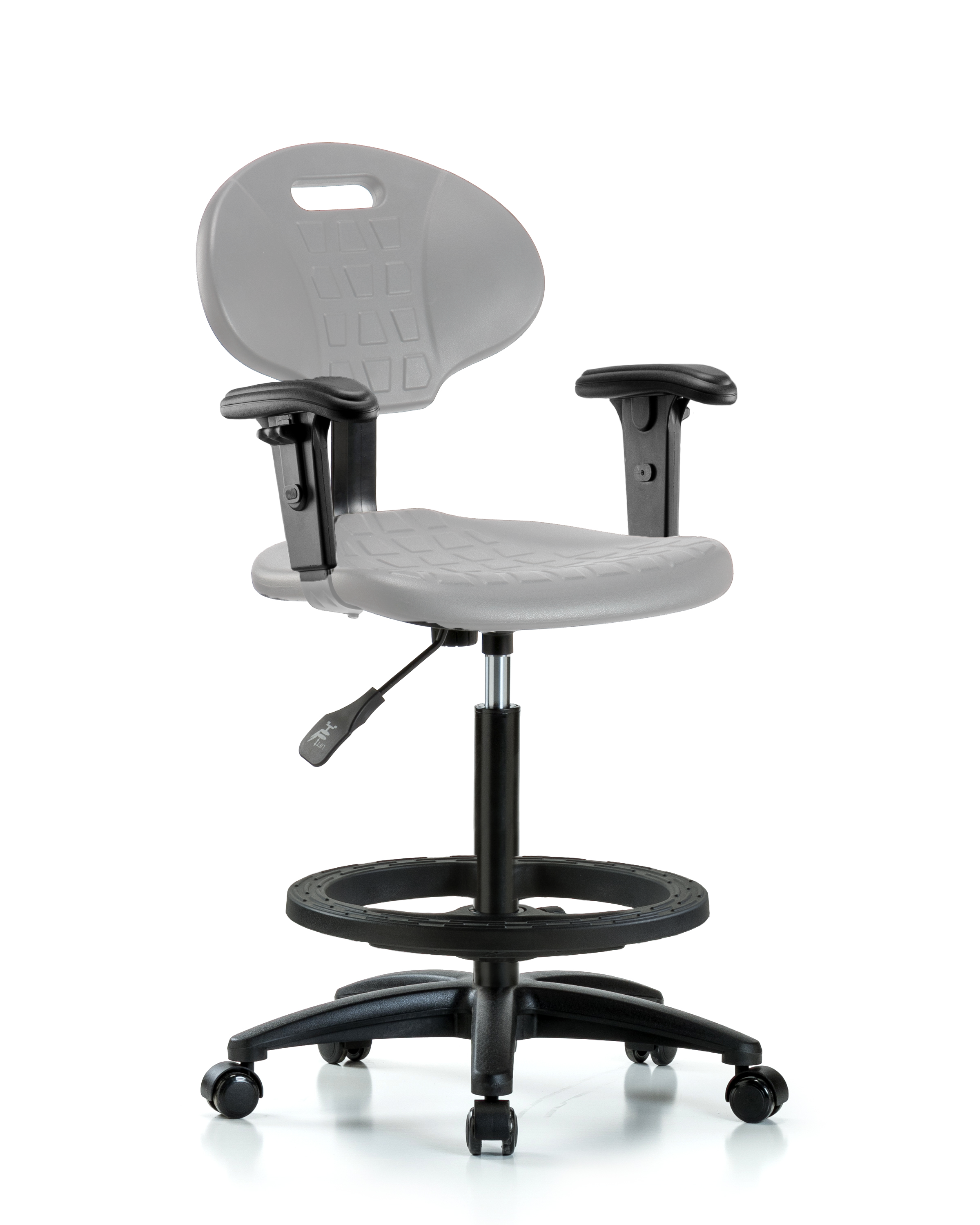 Erie Polyurethane Chair - High Bench Height with Black Foot Ring, Adjustable Arms, & Casters in Gray Polyurethane