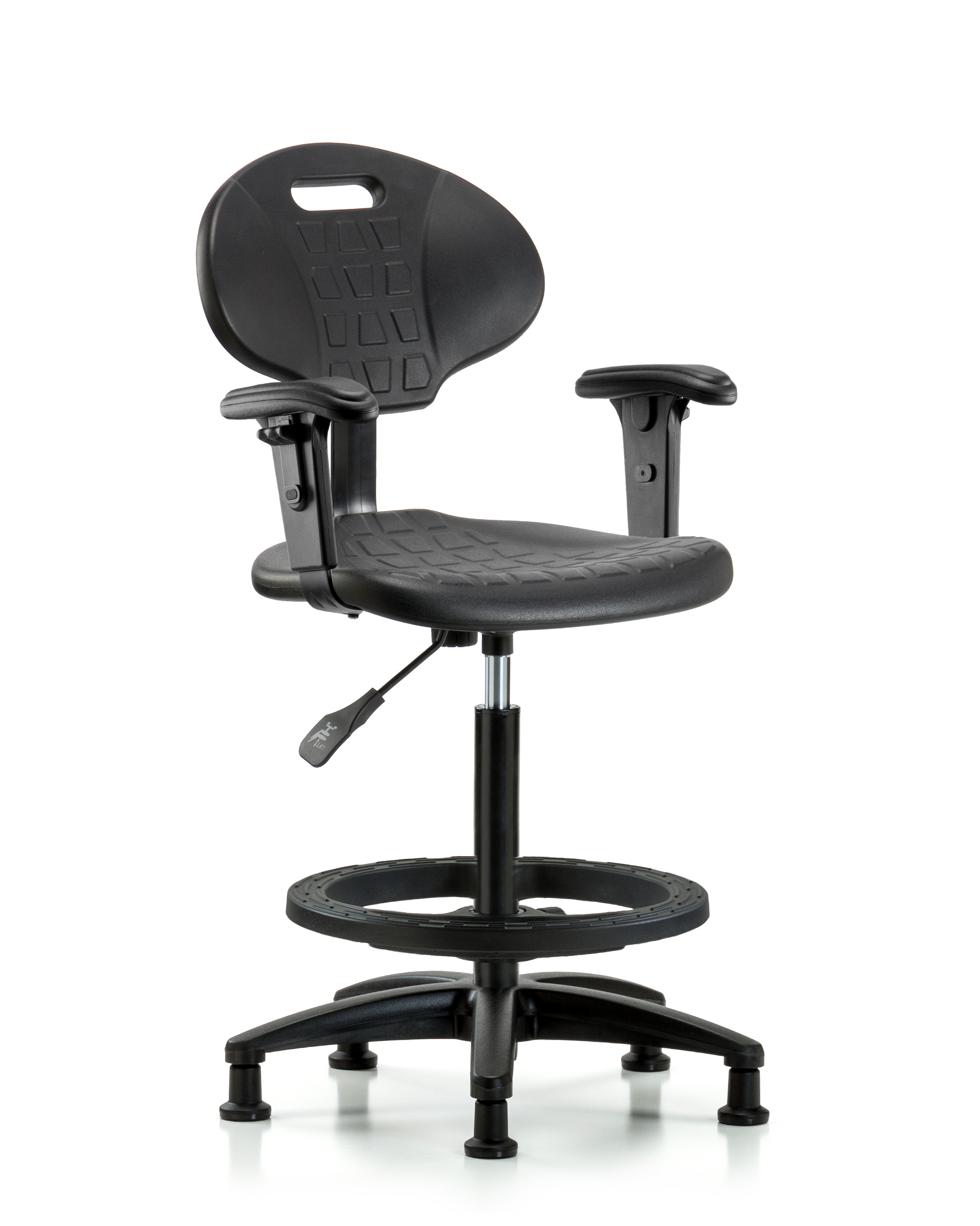 Erie Polyurethane Chair - High Bench Height with Black Foot Ring, Adjustable Arms, & Stationary Glides in Black Polyurethane