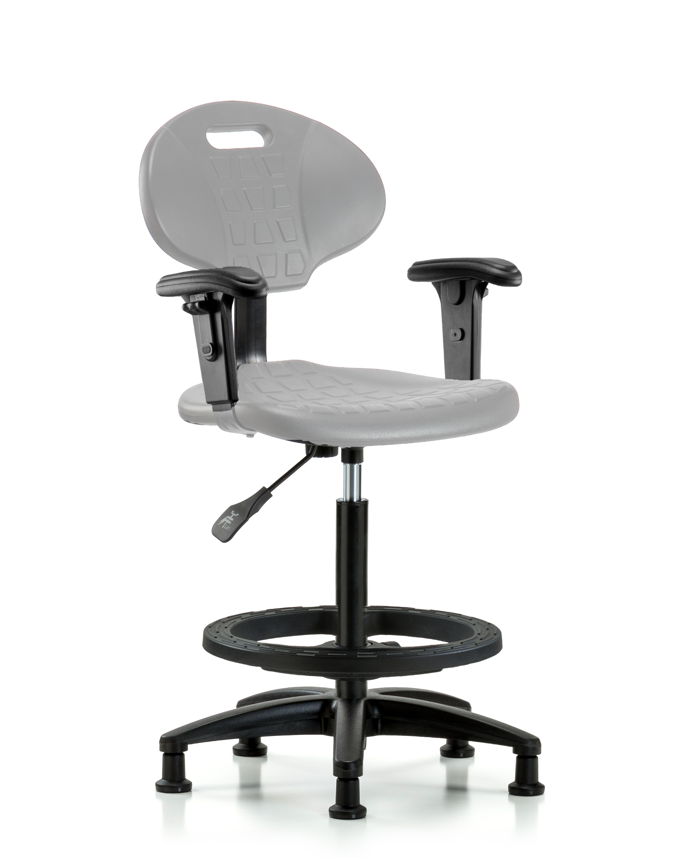 Erie Polyurethane Chair - High Bench Height with Black Foot Ring, Adjustable Arms, & Stationary Glides in Gray Polyurethane