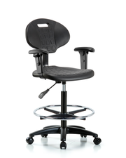 Erie Polyurethane Chair - High Bench Height with Chrome Foot Ring, Adjustable Arms, & Casters in Black Polyurethane