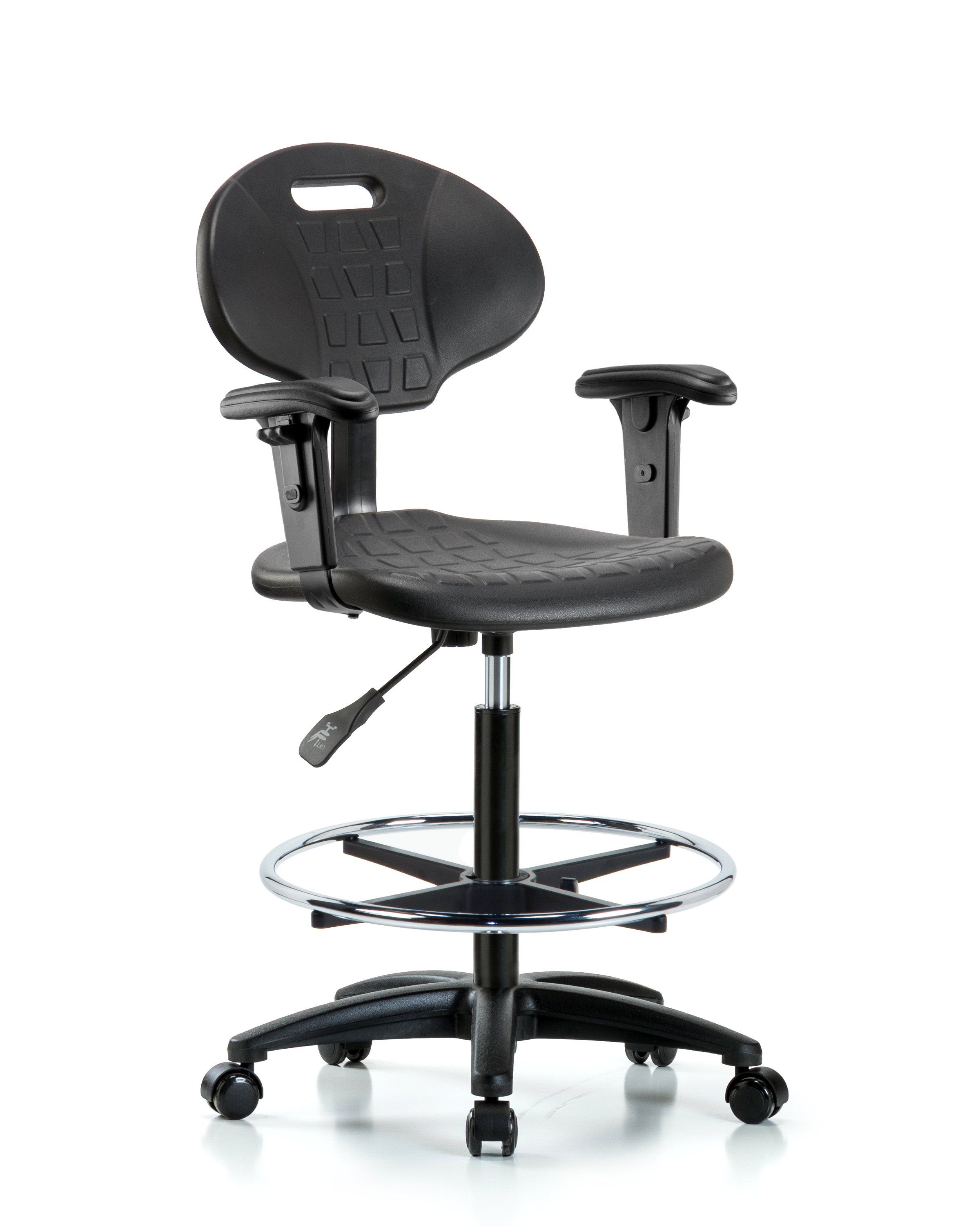 Erie Polyurethane Chair - High Bench Height with Chrome Foot Ring, Adjustable Arms, & Casters in Black Polyurethane