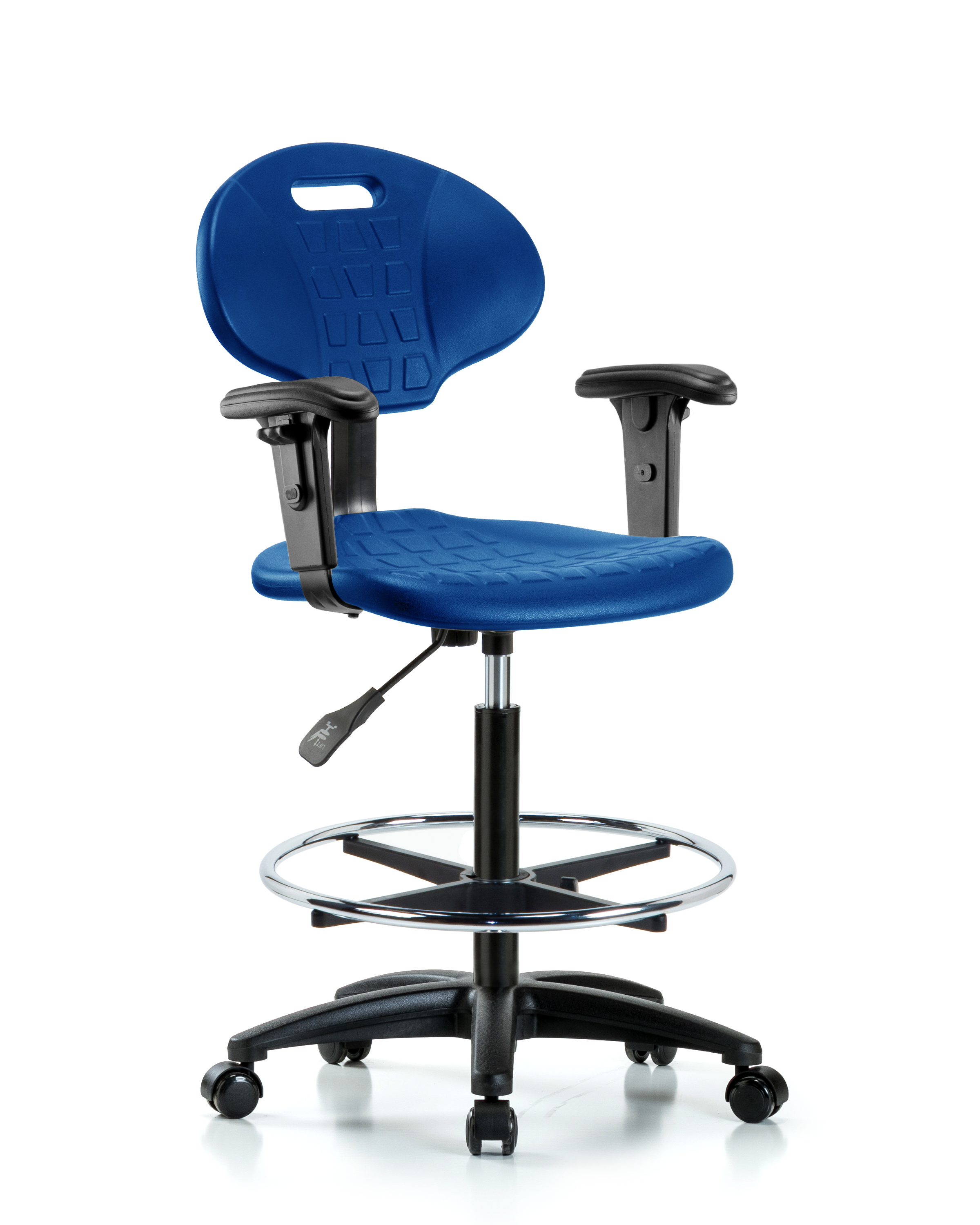 Erie Polyurethane Chair - High Bench Height with Chrome Foot Ring, Adjustable Arms, & Casters in Blue Polyurethane